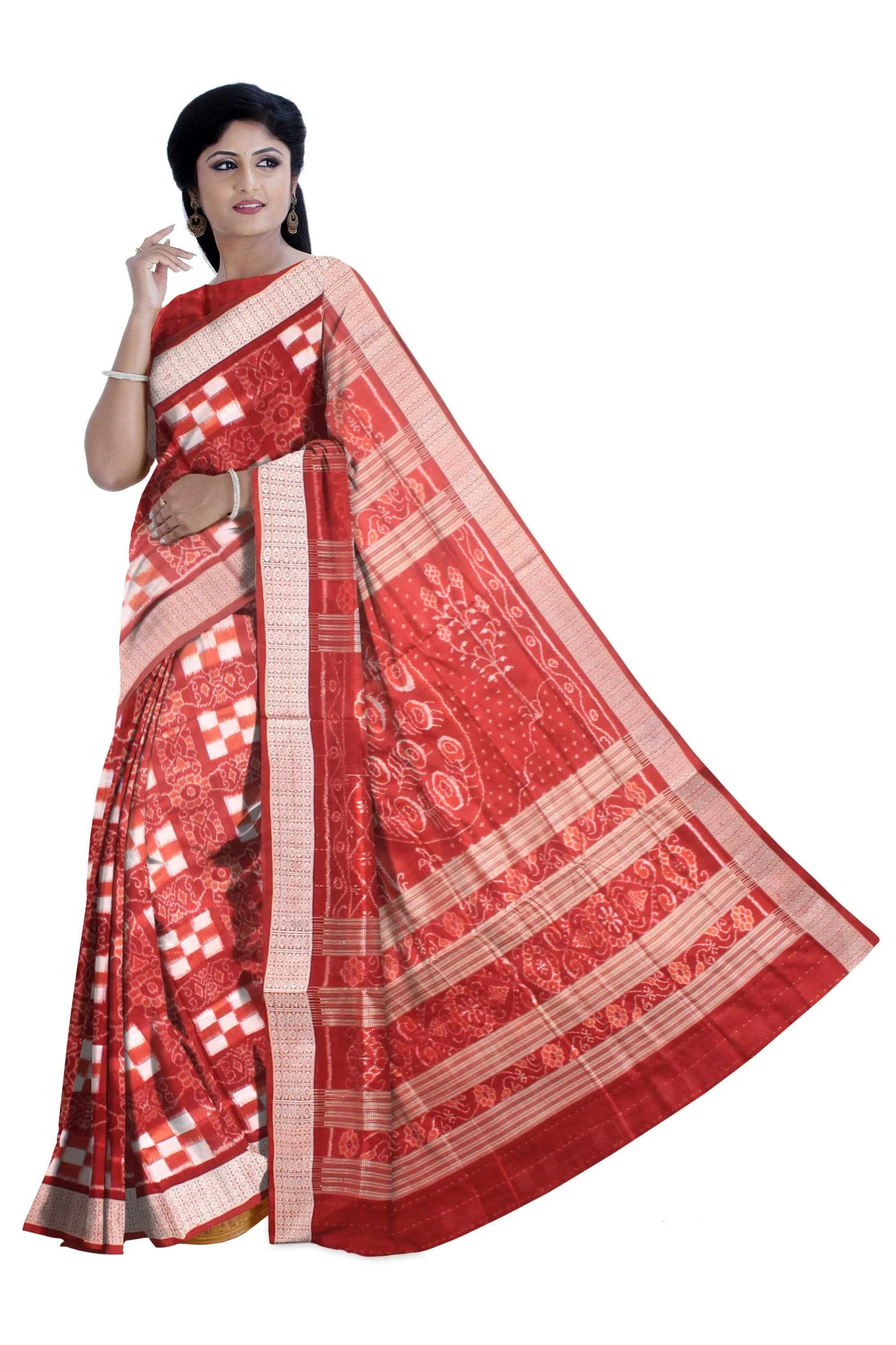 Traditional ikat pattern Sambalpuri Pata Saree in Maroon and White Color saree with blouse piece . - Koshali Arts & Crafts Enterprise