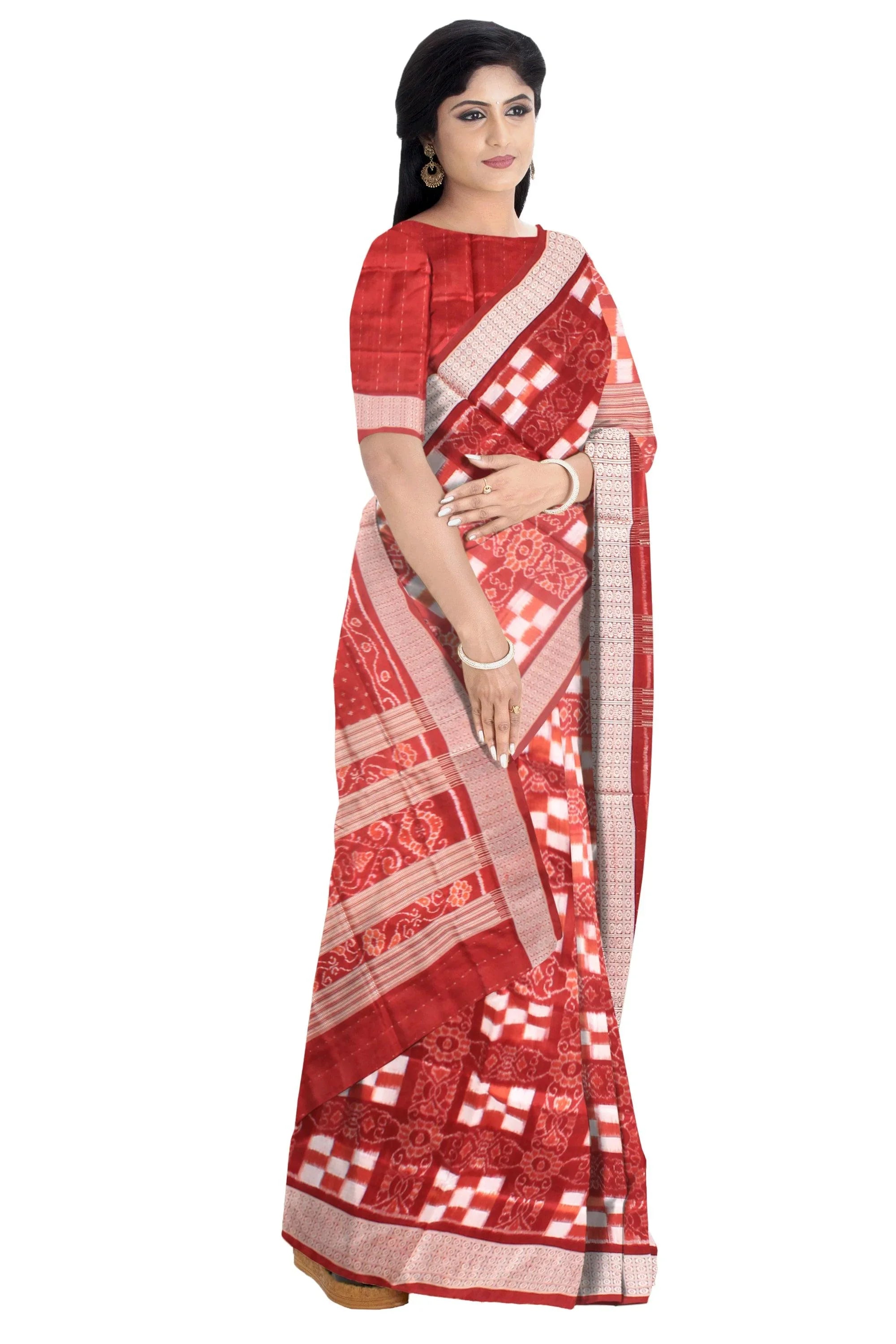 Traditional ikat pattern Sambalpuri Pata Saree in Maroon and White Color saree with blouse piece . - Koshali Arts & Crafts Enterprise