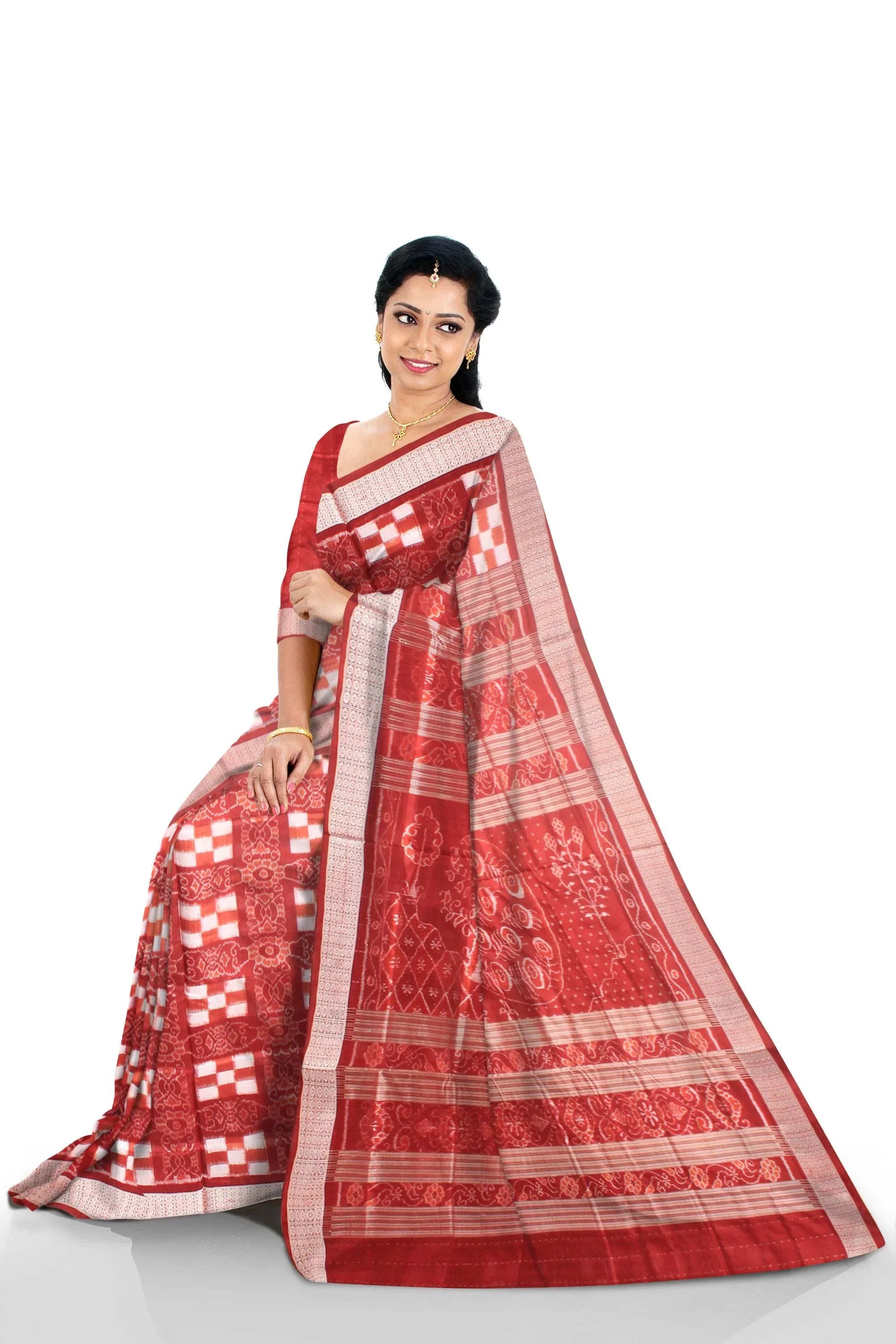 Traditional ikat pattern Sambalpuri Pata Saree in Maroon and White Color saree with blouse piece . - Koshali Arts & Crafts Enterprise
