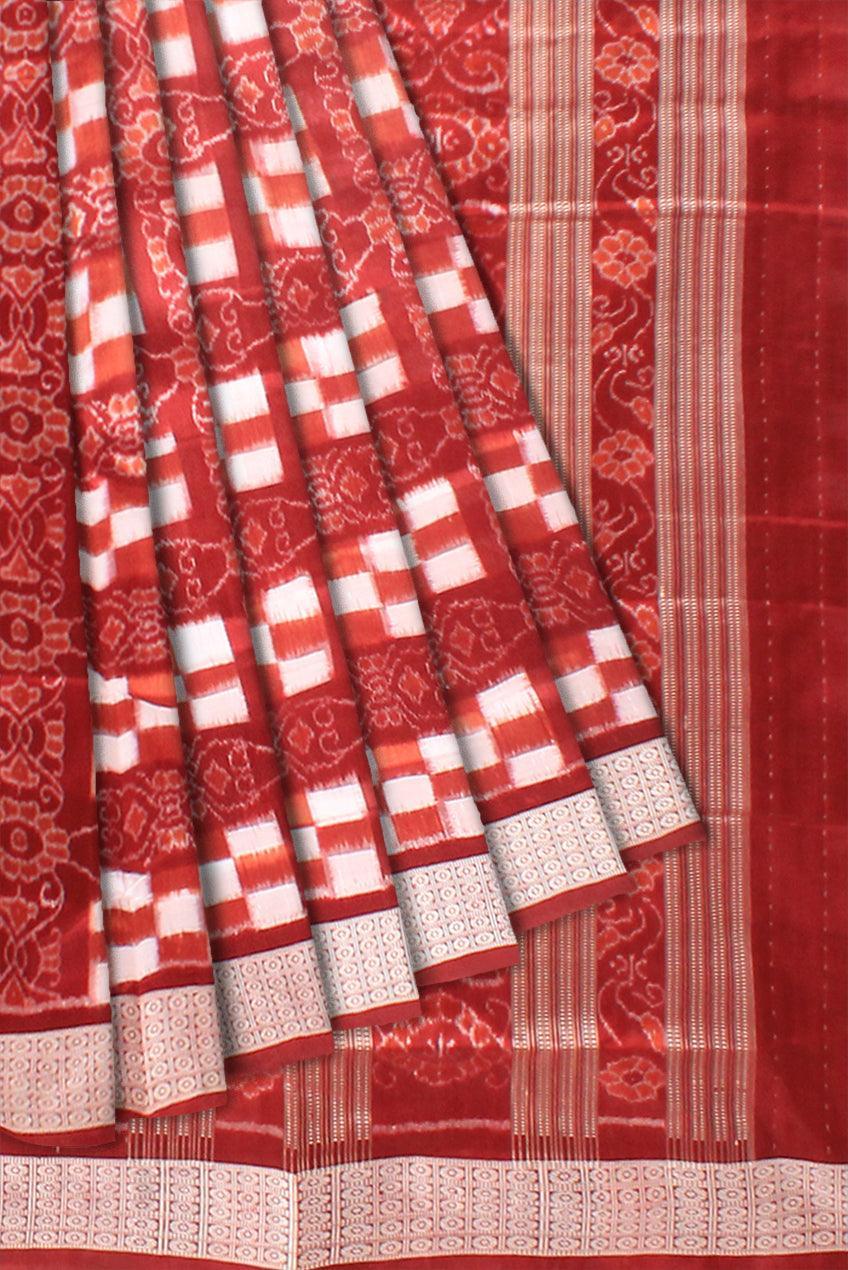 Traditional ikat pattern Sambalpuri Pata Saree in Maroon and White Color saree with blouse piece . - Koshali Arts & Crafts Enterprise