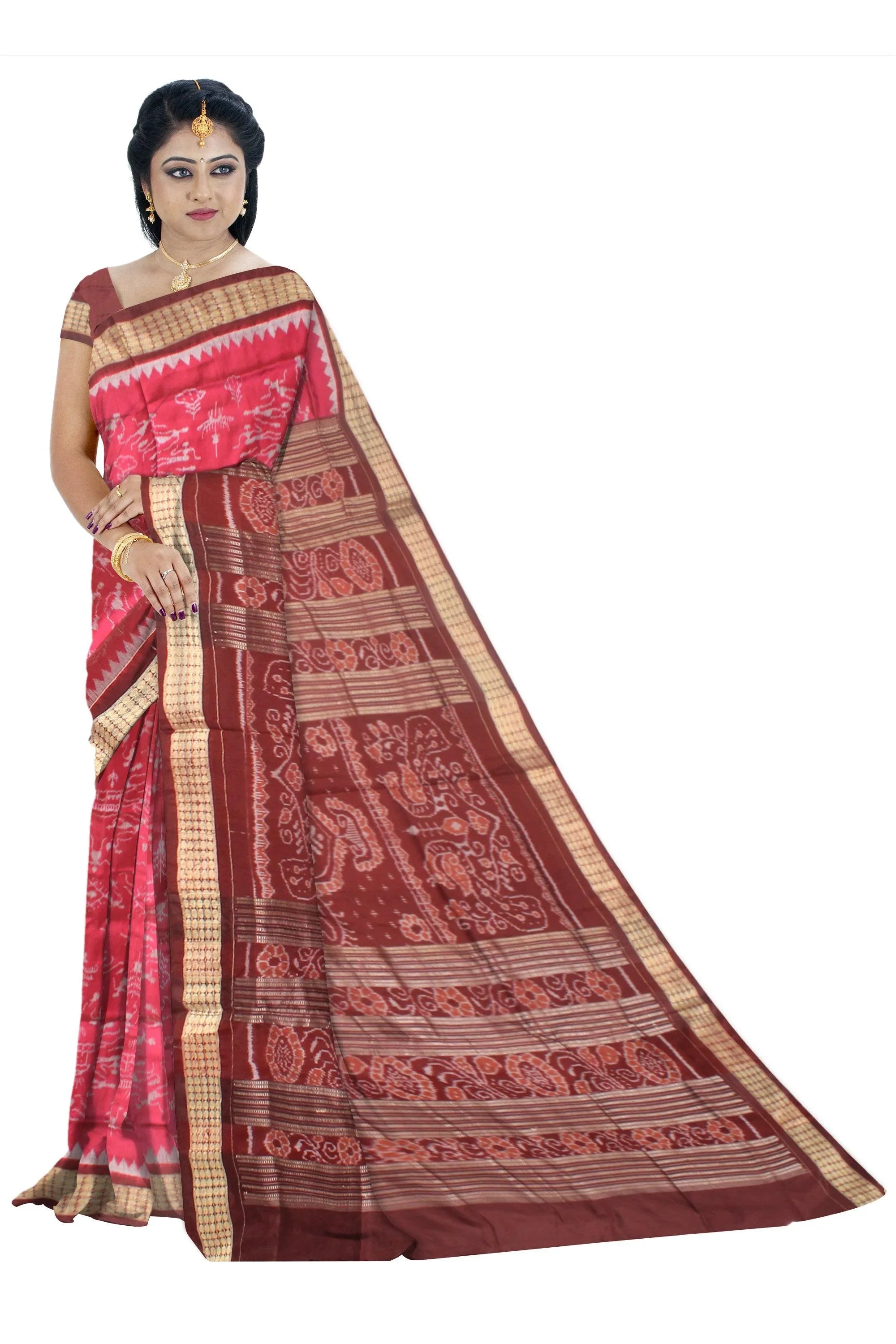 A Sambalpuri Pata Saree in Dark Pink Color in house and doll design with blouse piece. - Koshali Arts & Crafts Enterprise