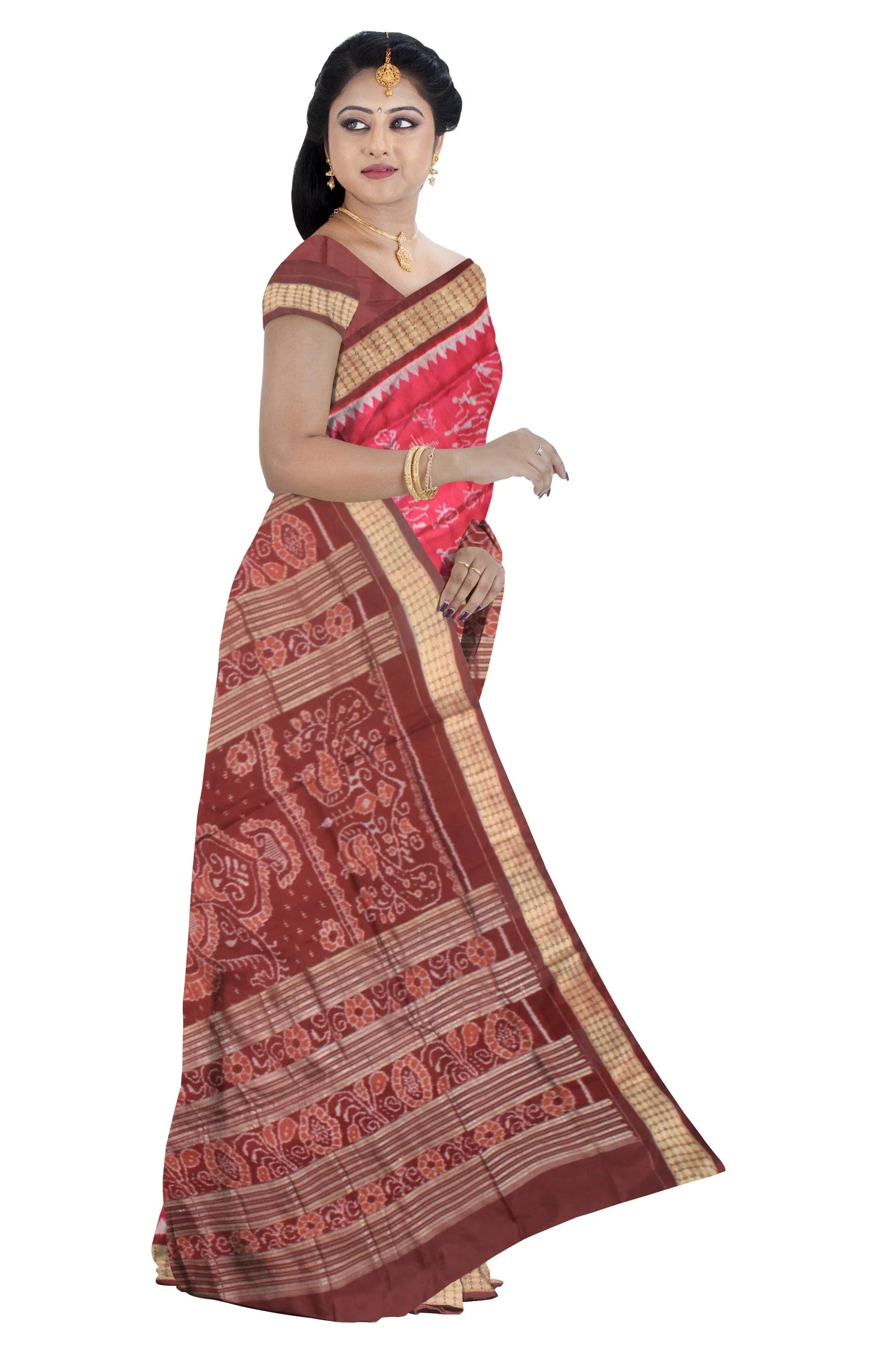 A Sambalpuri Pata Saree in Dark Pink Color in house and doll design with blouse piece. - Koshali Arts & Crafts Enterprise