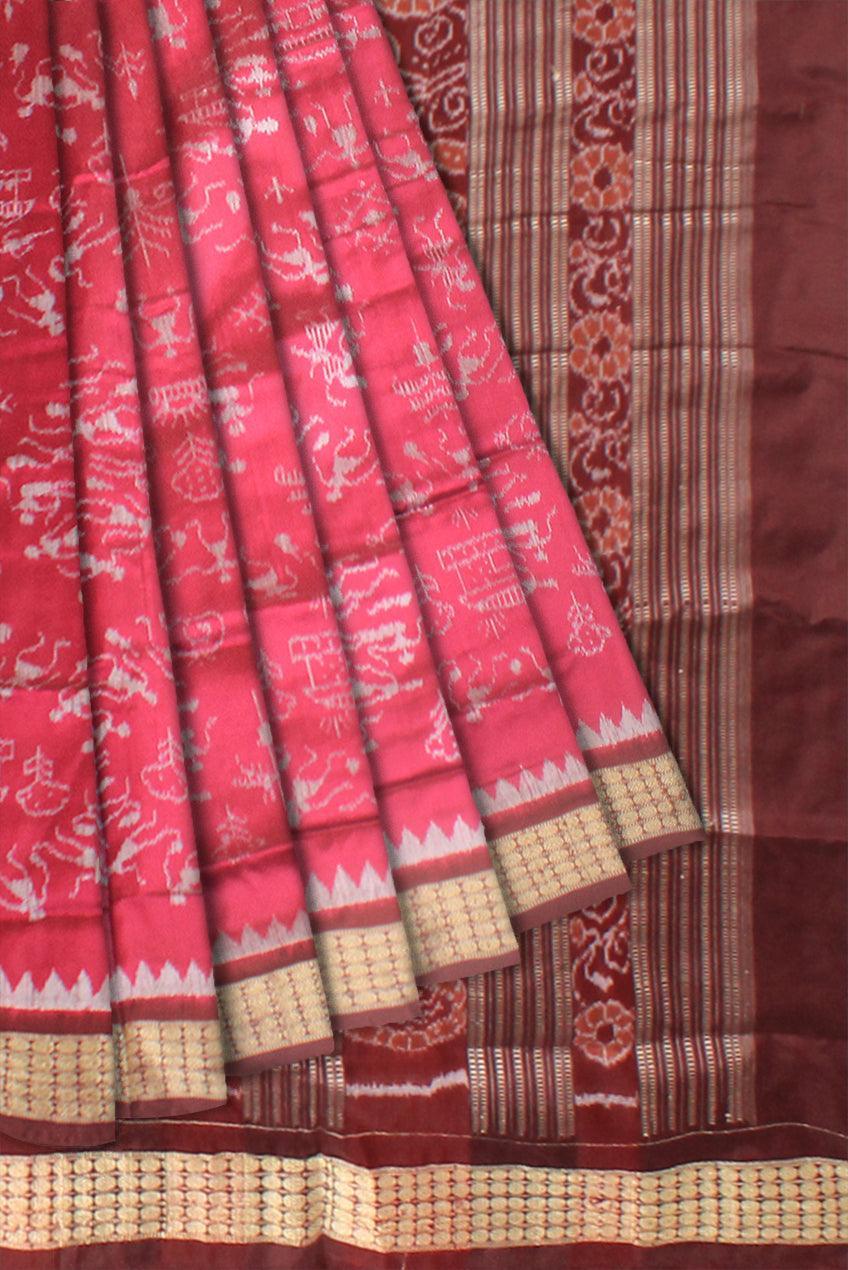 A Sambalpuri Pata Saree in Dark Pink Color in house and doll design with blouse piece. - Koshali Arts & Crafts Enterprise