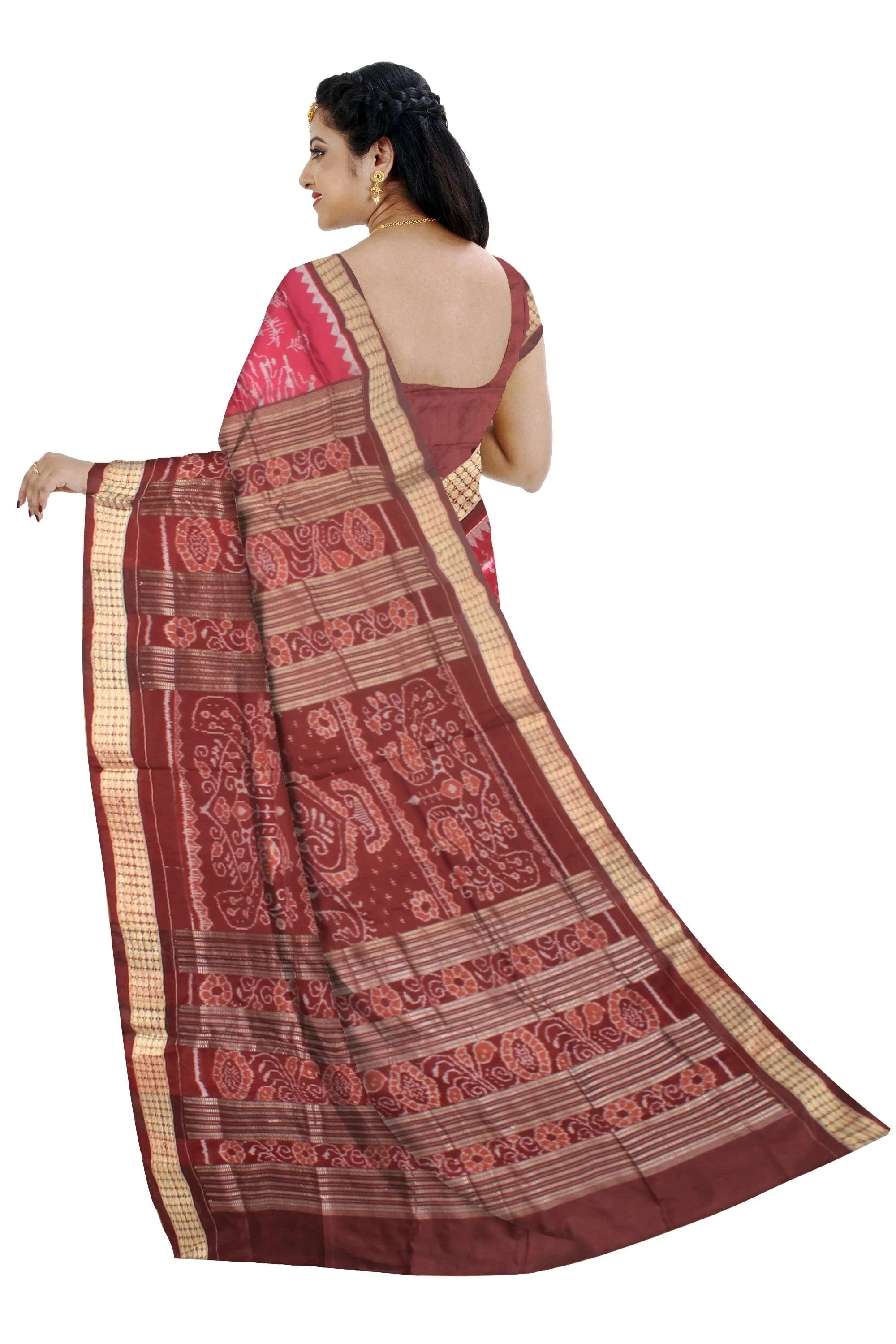 A Sambalpuri Pata Saree in Dark Pink Color in house and doll design with blouse piece. - Koshali Arts & Crafts Enterprise