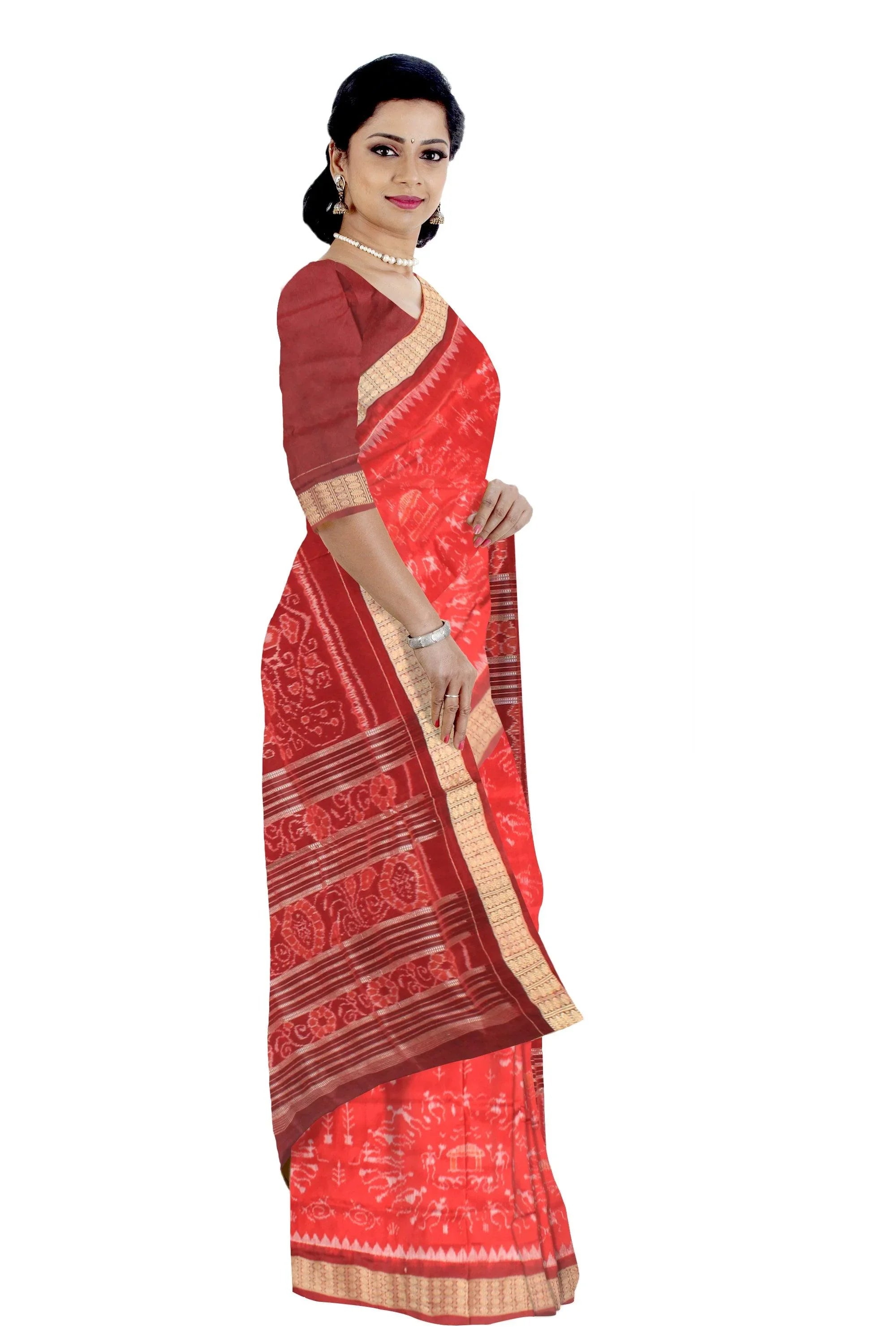 A Sambalpuri Pata Saree in Dark Orange Color in house and doll design with blouse piece. - Koshali Arts & Crafts Enterprise