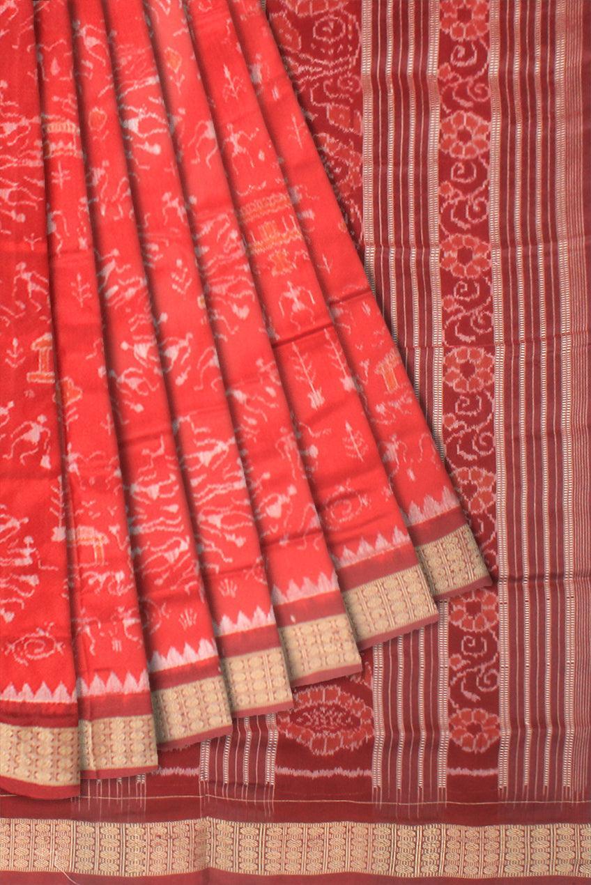 A Sambalpuri Pata Saree in Dark Orange Color in house and doll design with blouse piece. - Koshali Arts & Crafts Enterprise