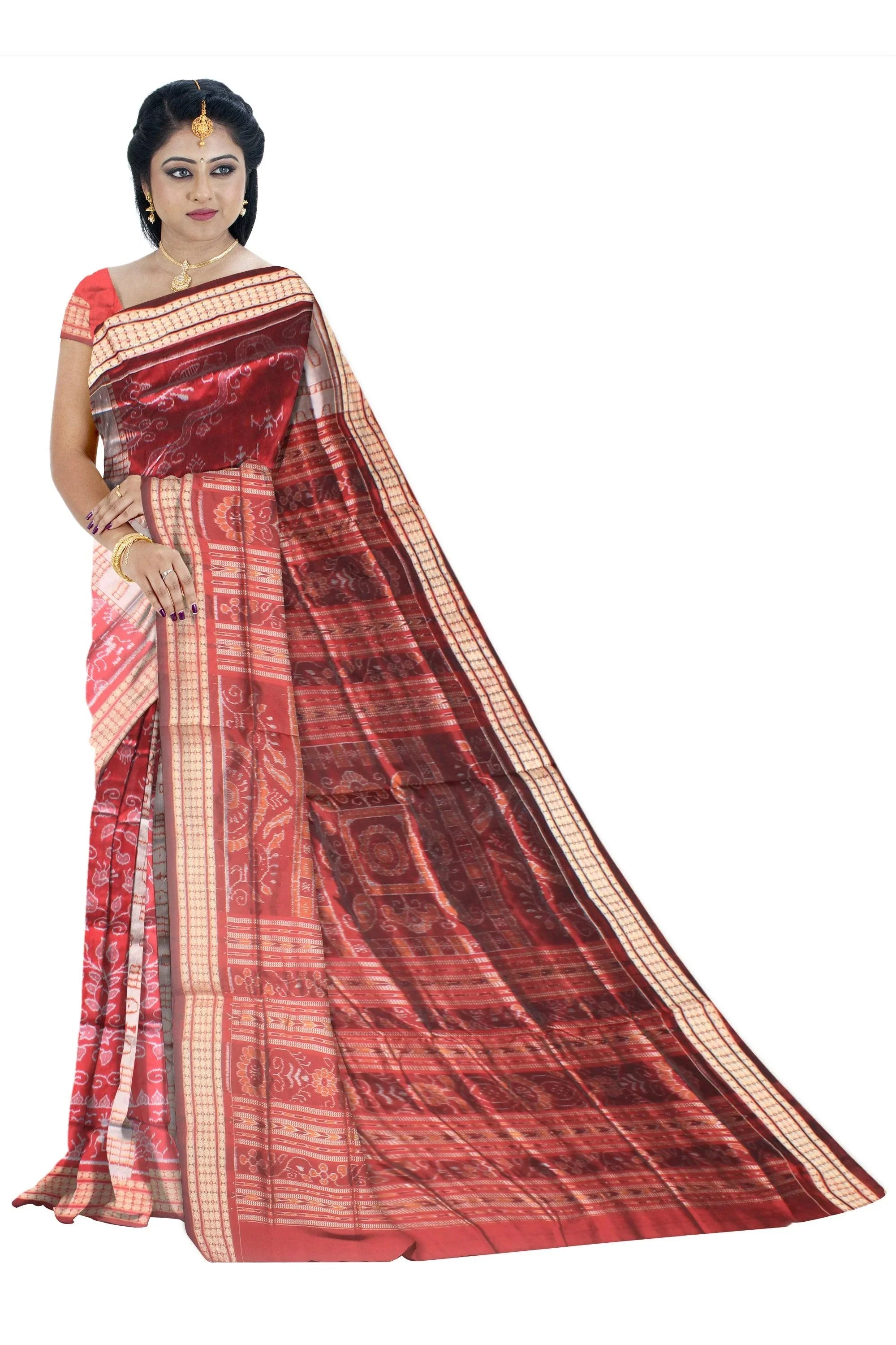 A sambalpuri Pasapalli pata sree in Red color and tree design whole body with blouse piece. - Koshali Arts & Crafts Enterprise