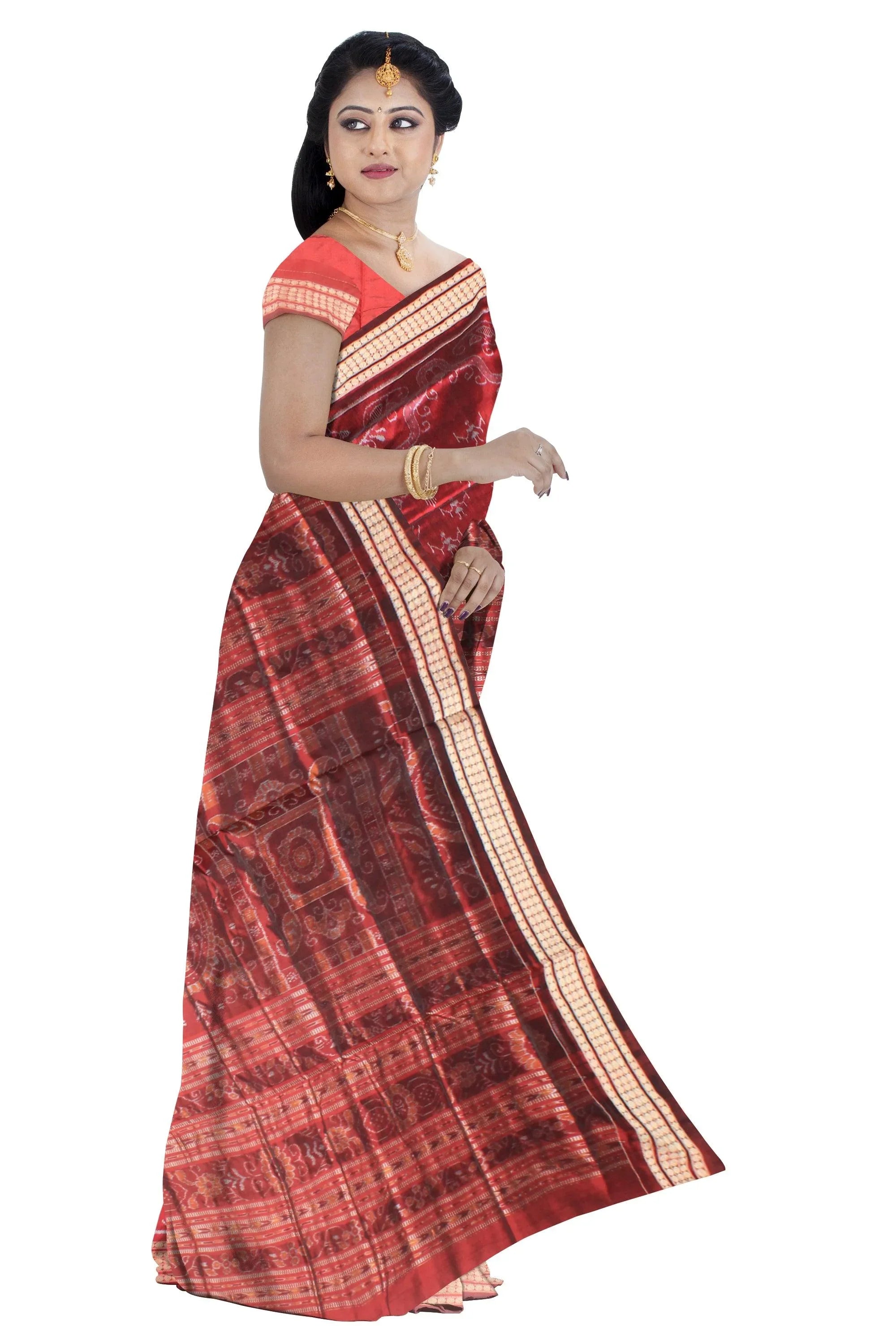 A sambalpuri Pasapalli pata sree in Red color and tree design whole body with blouse piece. - Koshali Arts & Crafts Enterprise