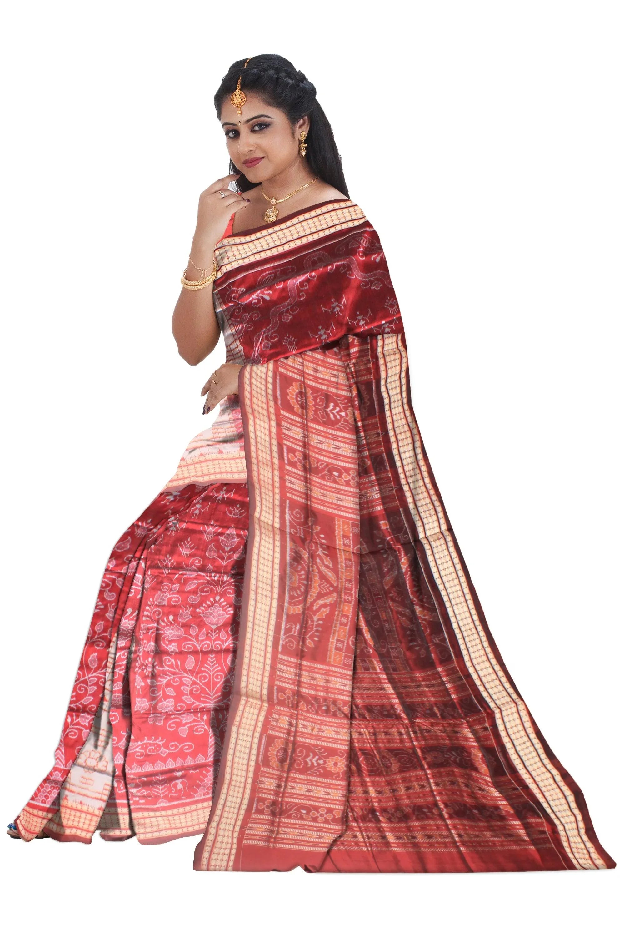 A sambalpuri Pasapalli pata sree in Red color and tree design whole body with blouse piece. - Koshali Arts & Crafts Enterprise