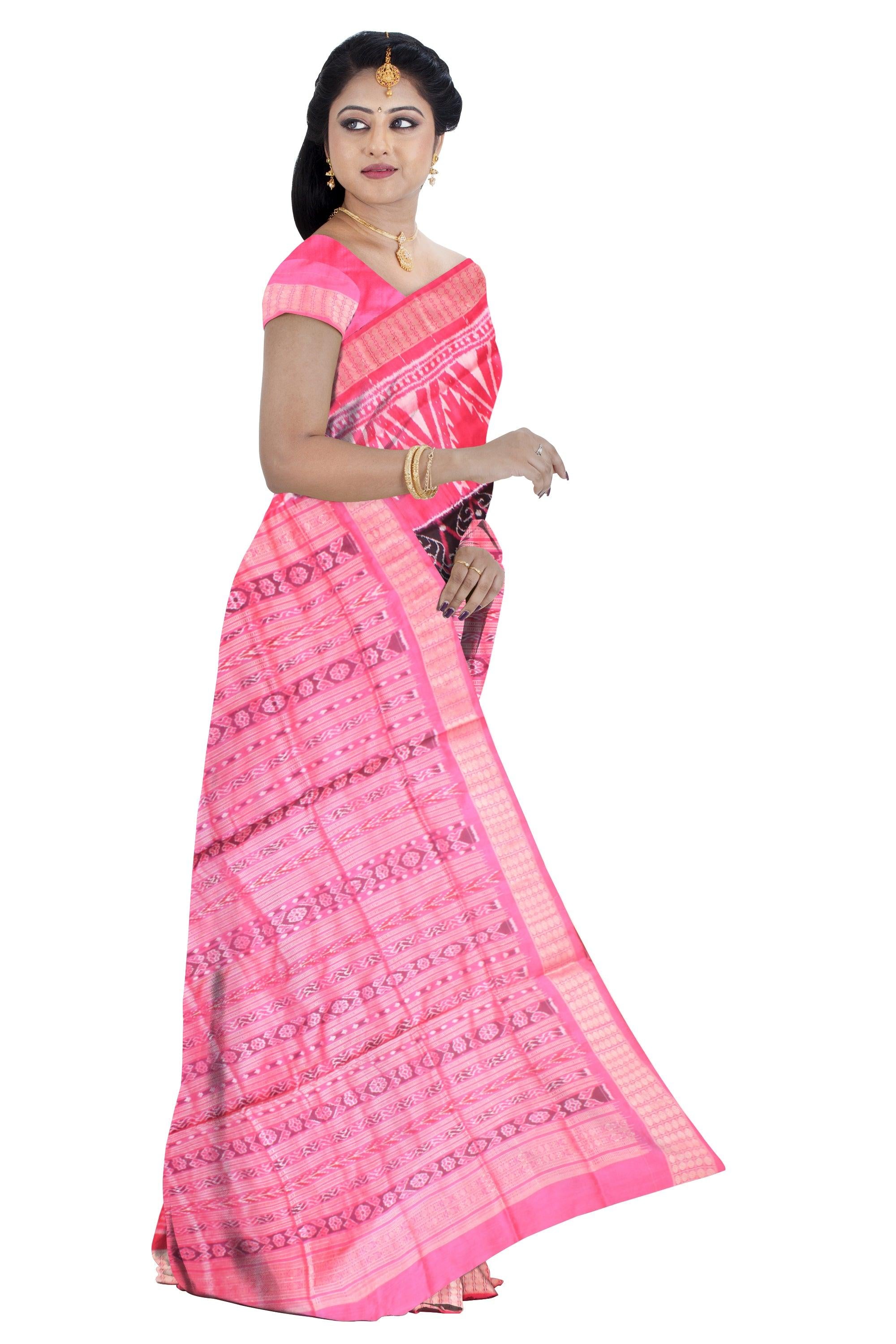Pink and Black color Sambalpuri Pata saree kumbha design with blouase piece. - Koshali Arts & Crafts Enterprise