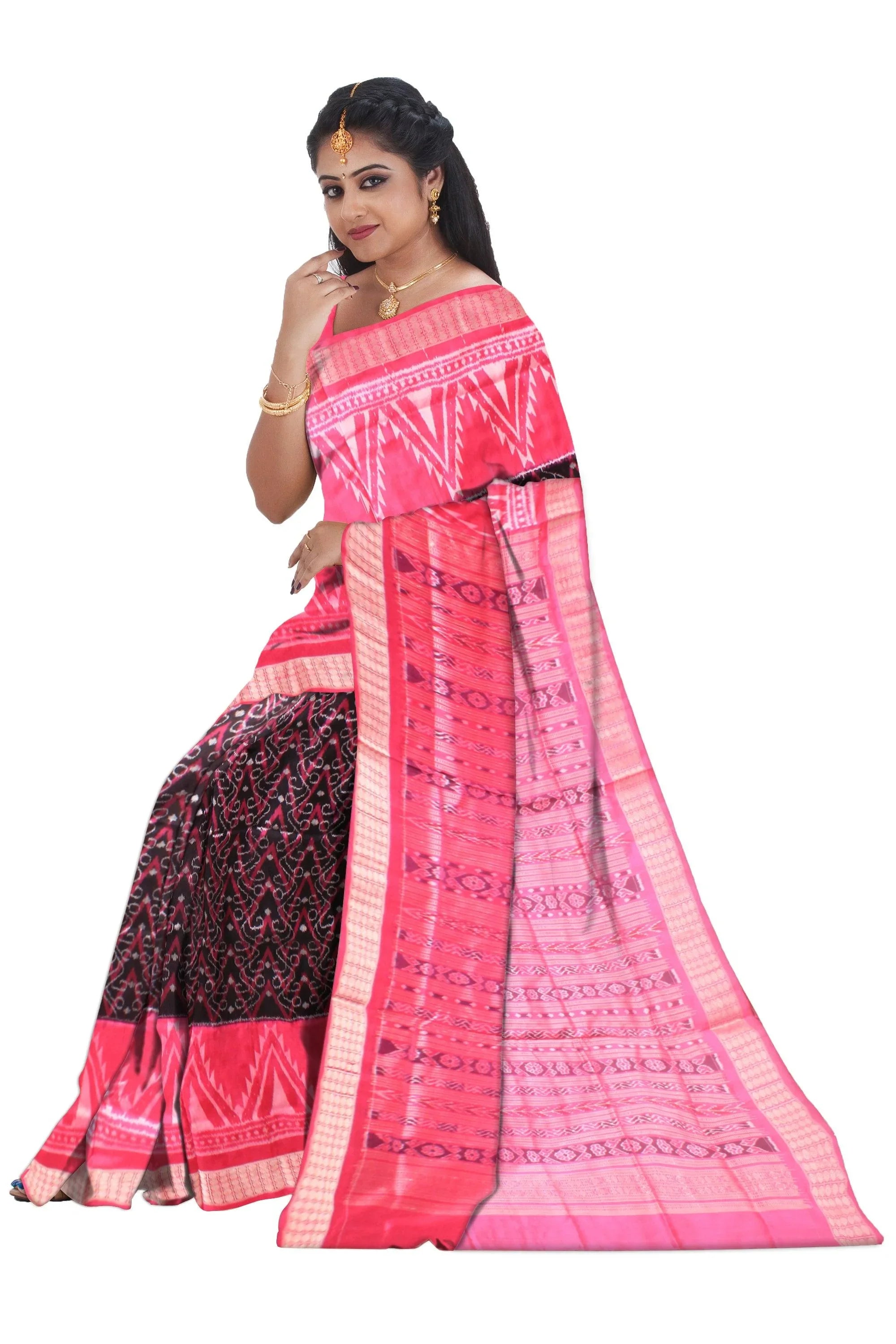 Pink and Black color Sambalpuri Pata saree kumbha design with blouase piece. - Koshali Arts & Crafts Enterprise