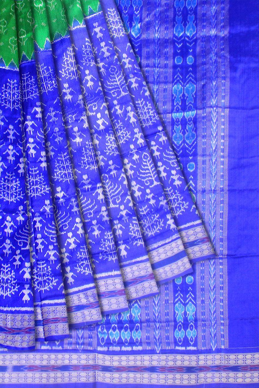 Sambalpuri Green and Blue Pata saree in small doll or Aadibasi,tree parten with blouse piece. - Koshali Arts & Crafts Enterprise