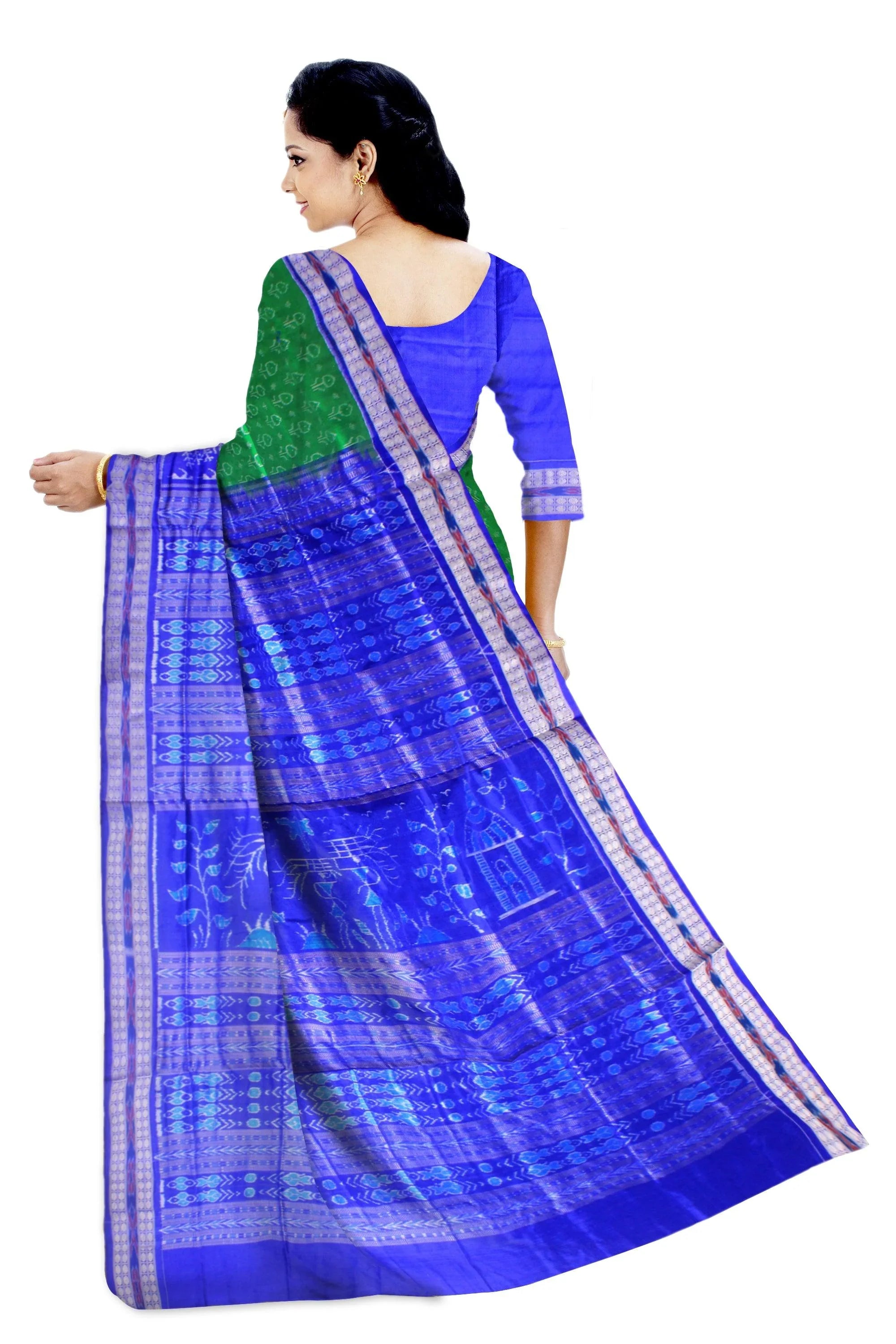 Sambalpuri Green and Blue Pata saree in small doll or Aadibasi,tree parten with blouse piece. - Koshali Arts & Crafts Enterprise