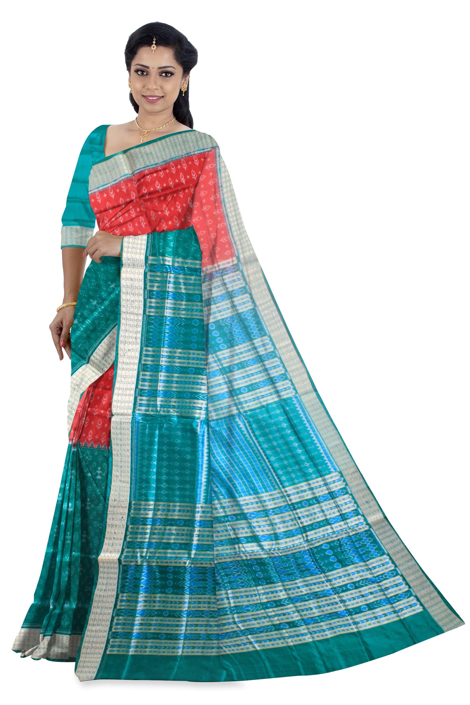 Sambalpuri Pata Saree in Dark blue and Dark orange Color in small leaf design with Silver color Border with blouse piece. - Koshali Arts & Crafts Enterprise