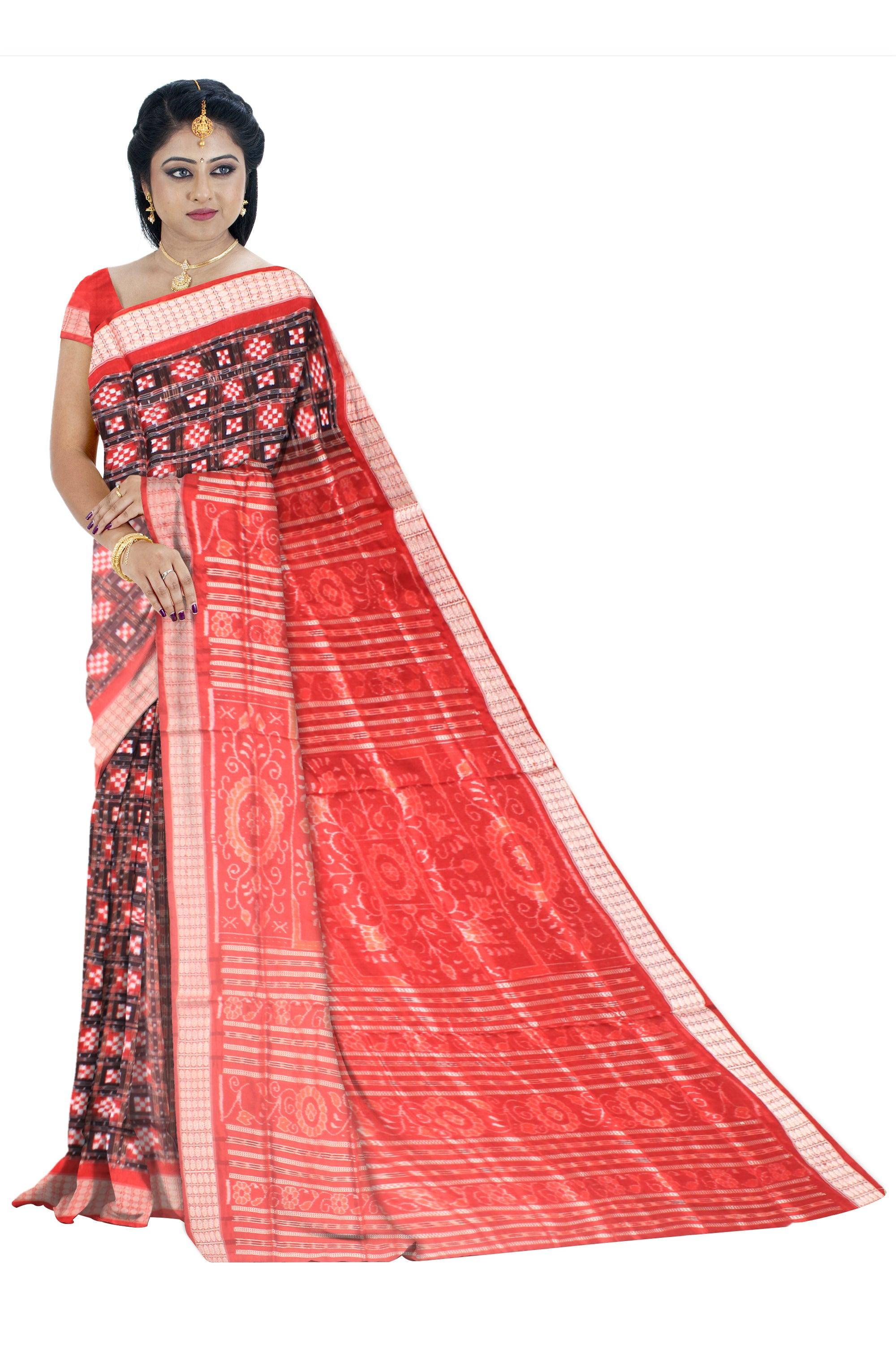 A Sambalpuri Pata saree in Red and Blak color Sapta design body,with blouse piece. - Koshali Arts & Crafts Enterprise