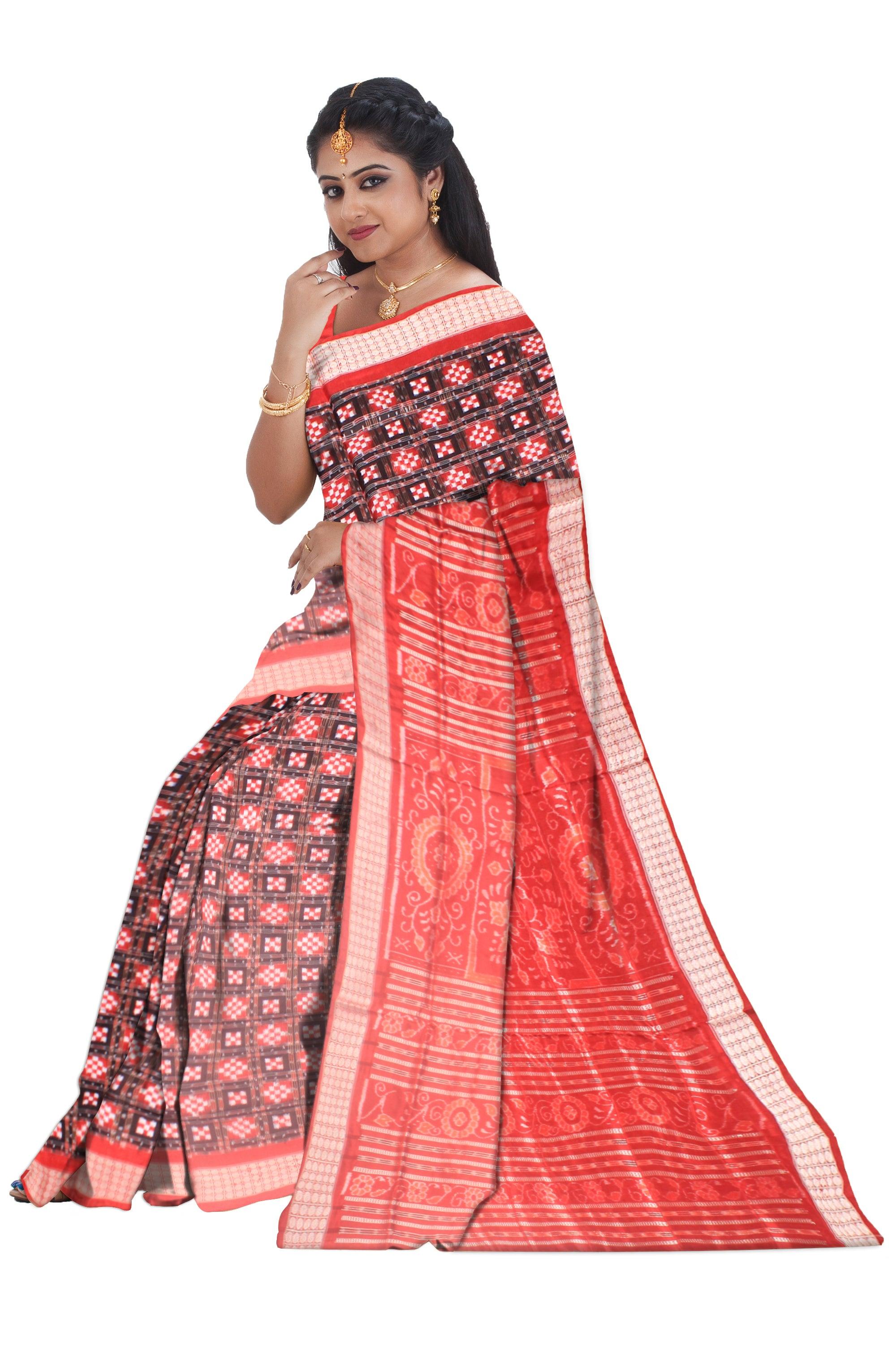 A Sambalpuri Pata saree in Red and Blak color Sapta design body,with blouse piece. - Koshali Arts & Crafts Enterprise