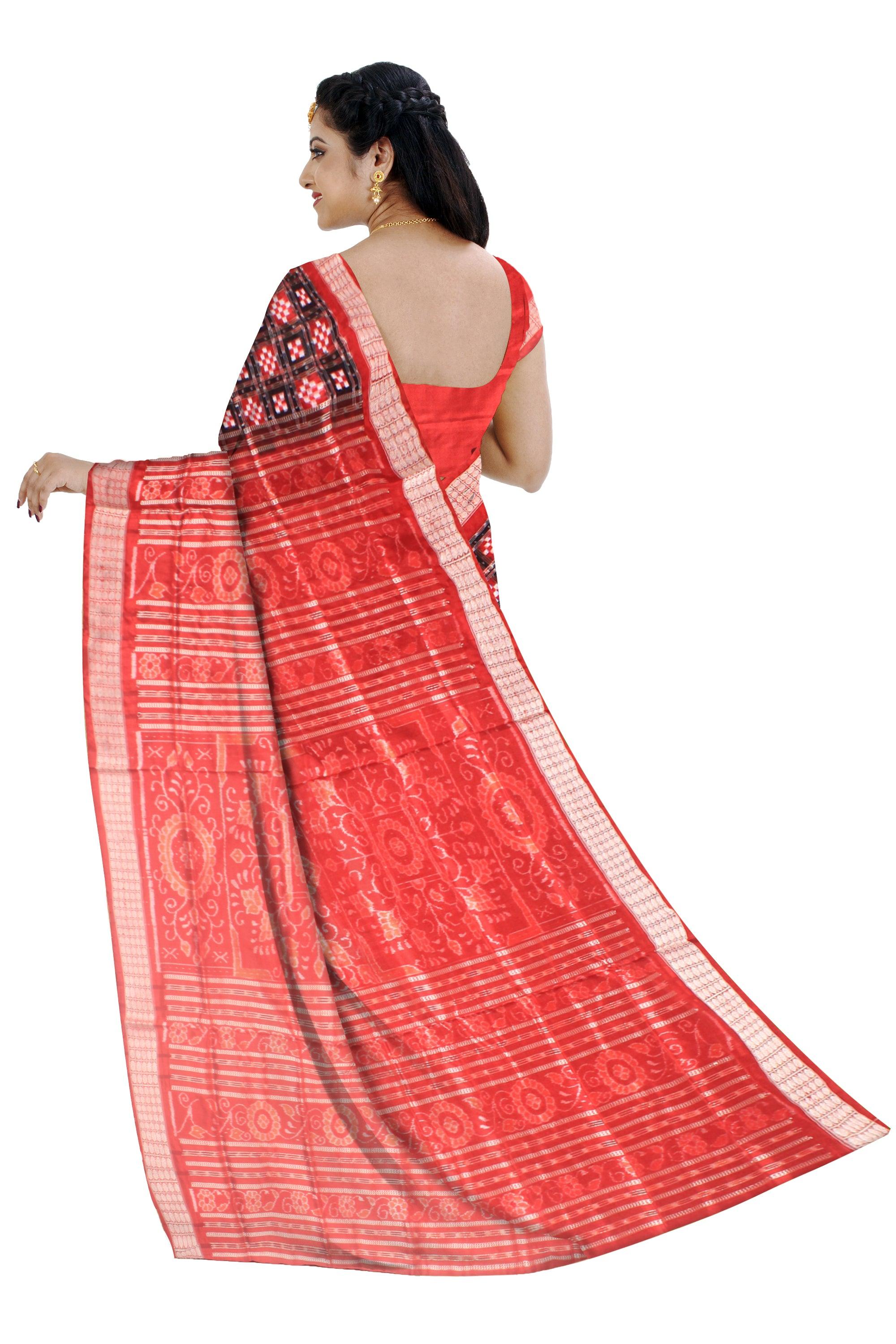 A Sambalpuri Pata saree in Red and Blak color Sapta design body,with blouse piece. - Koshali Arts & Crafts Enterprise