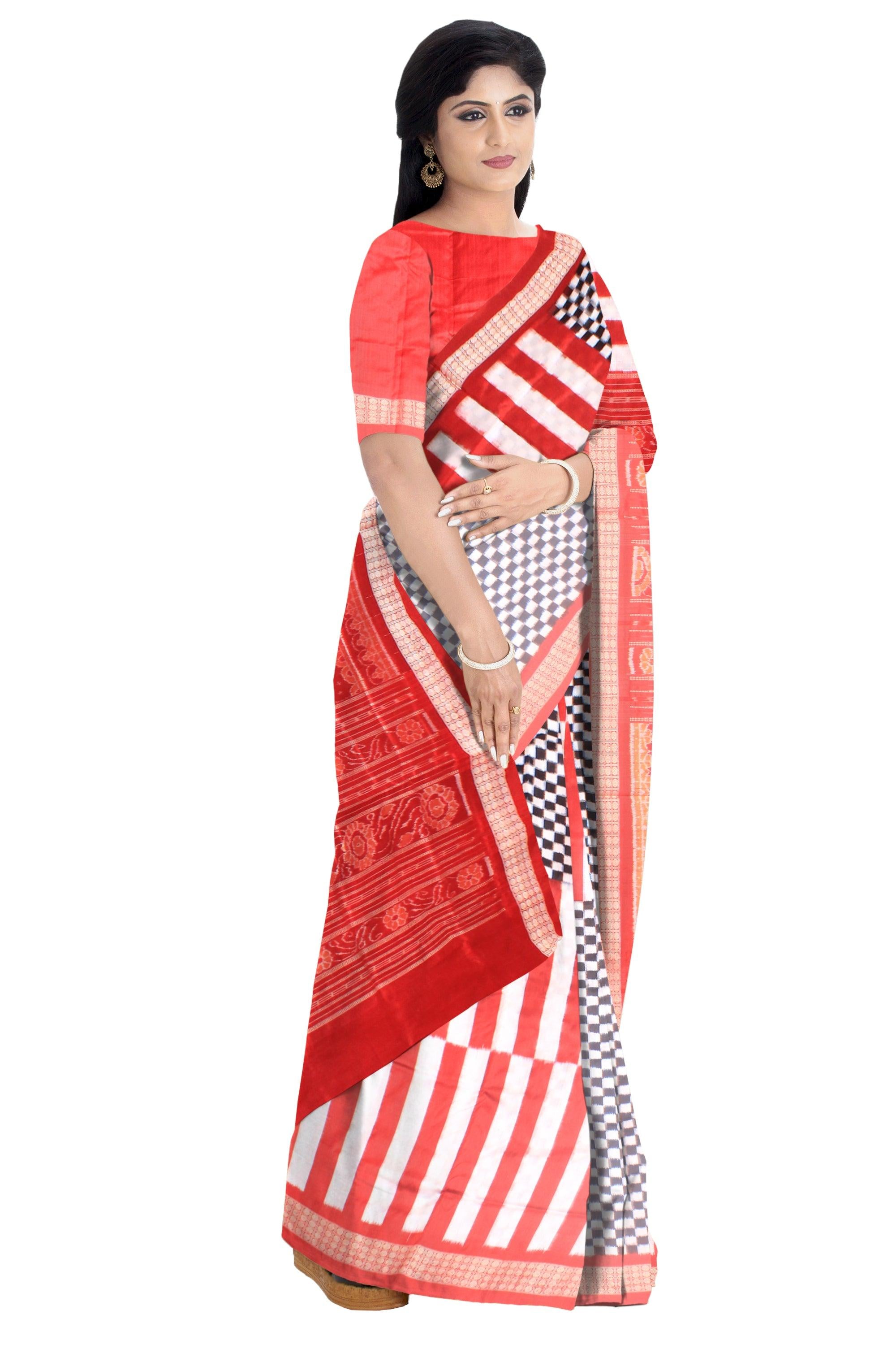 Full body Check design White and Red color Sambalpuri Pata saree with blouse piece. - Koshali Arts & Crafts Enterprise