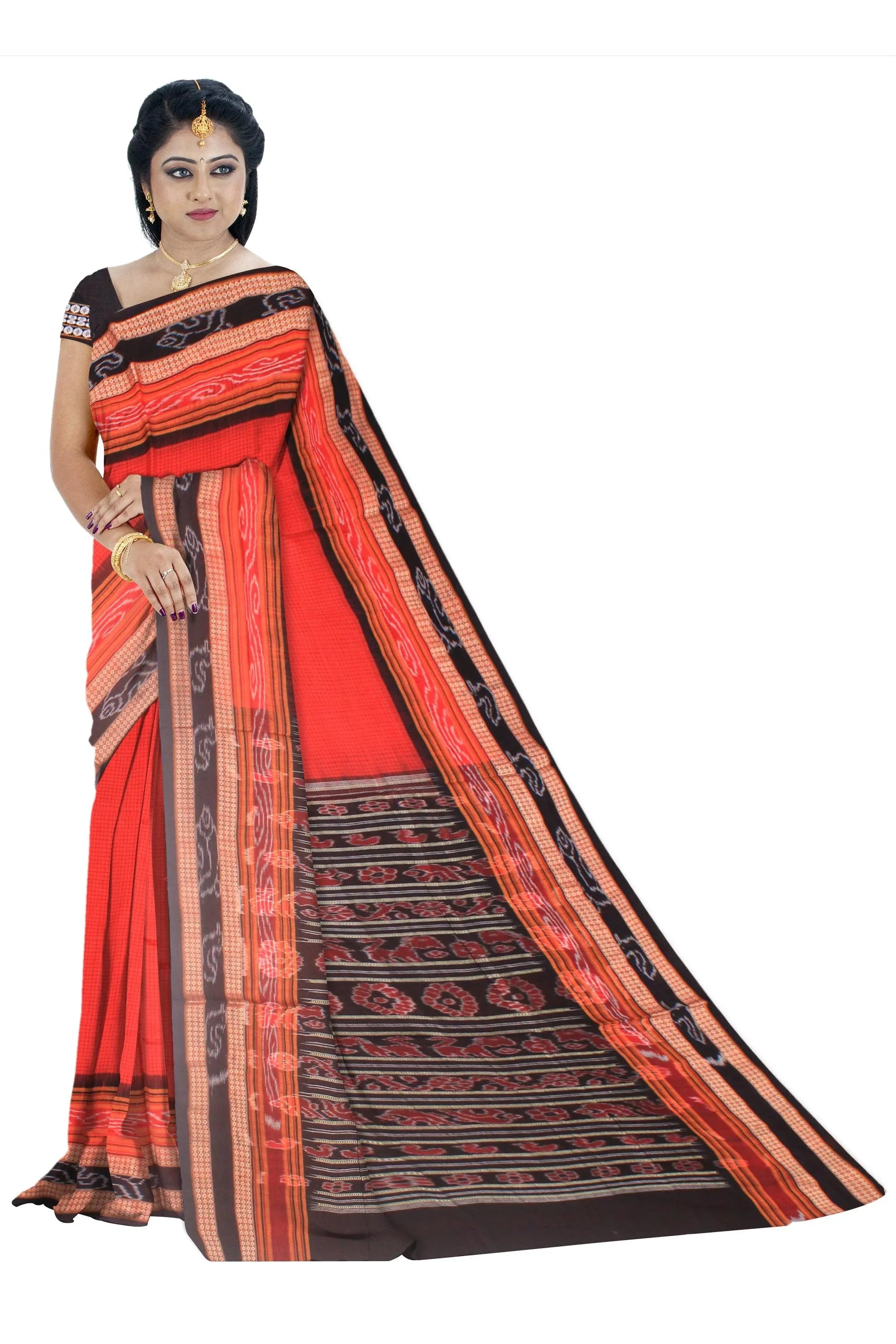 Red color checked Sachipur saree. - Koshali Arts & Crafts Enterprise