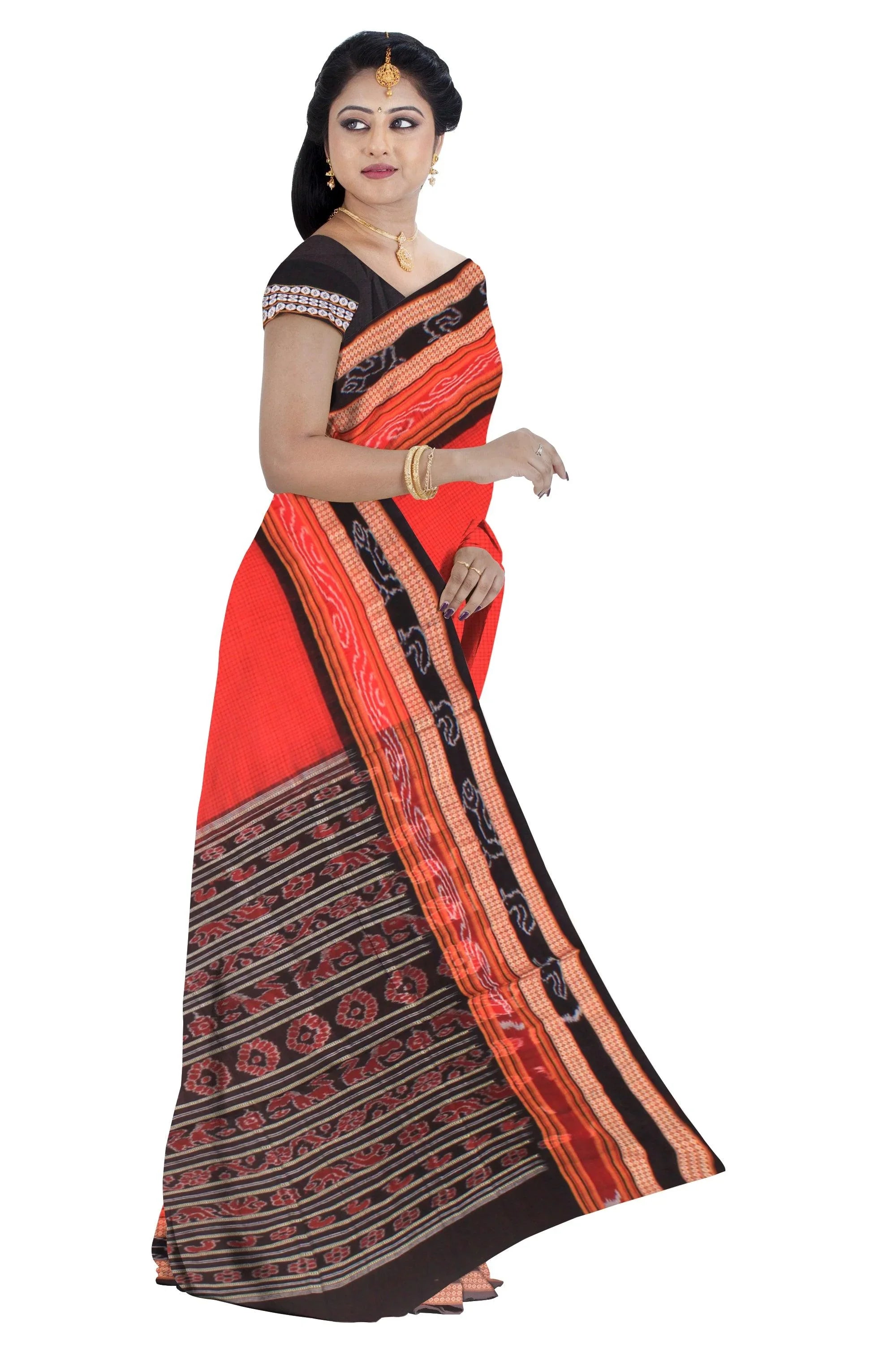 Red color checked Sachipur saree. - Koshali Arts & Crafts Enterprise