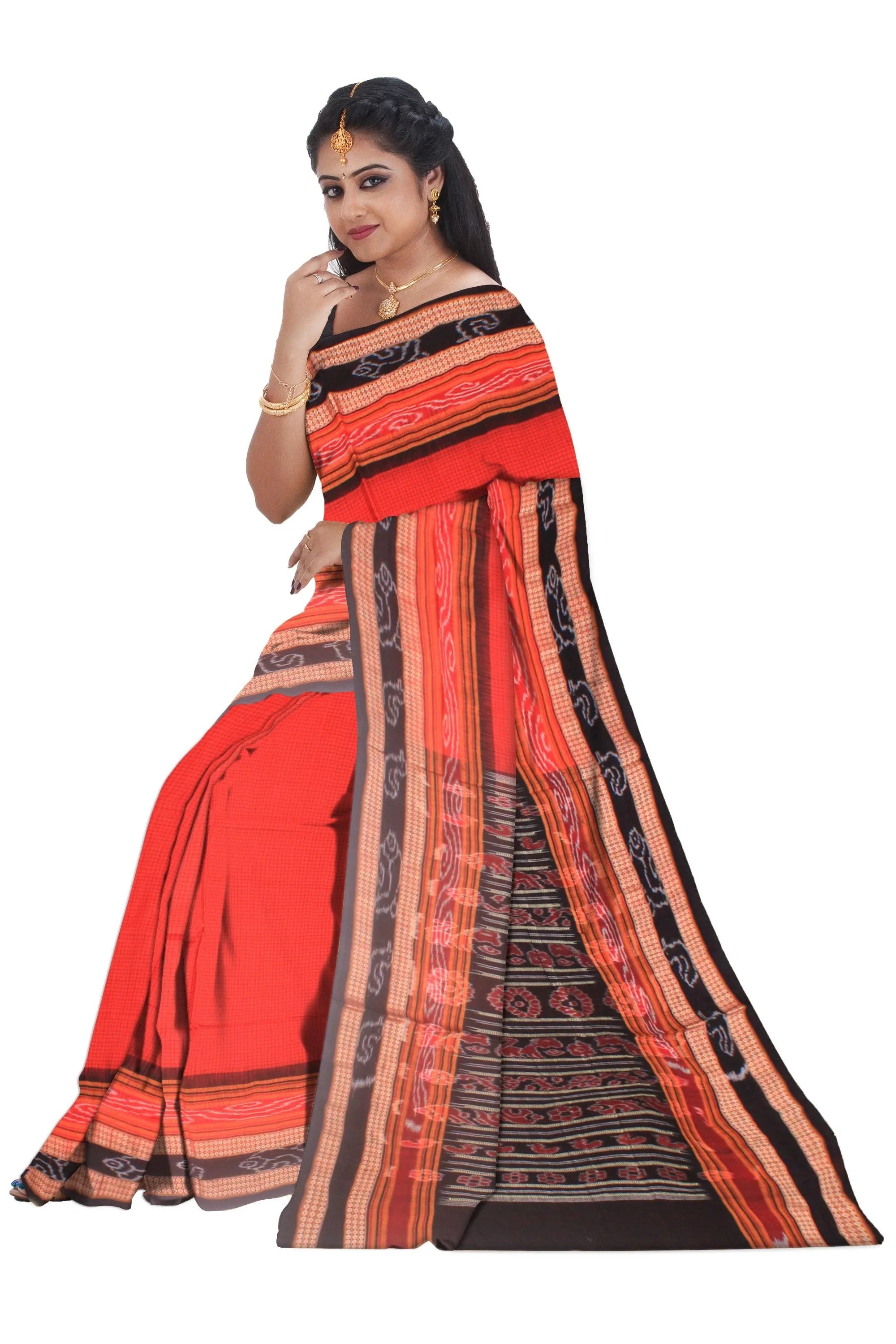 Red color checked Sachipur saree. - Koshali Arts & Crafts Enterprise
