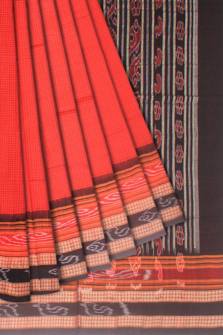 Red color checked Sachipur saree. - Koshali Arts & Crafts Enterprise