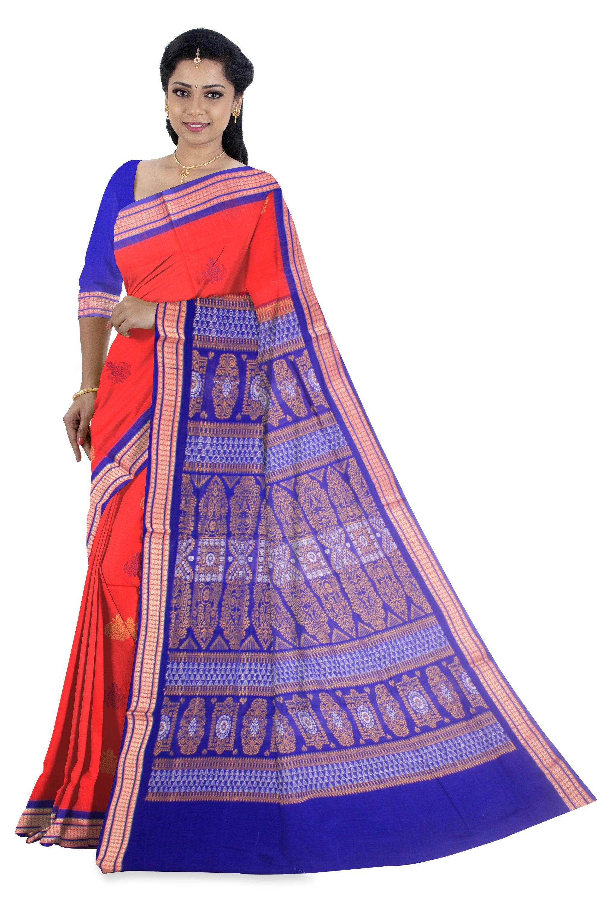 Sambalpuri cotton saree in Red and Blue base with blouse piece. - Koshali Arts & Crafts Enterprise