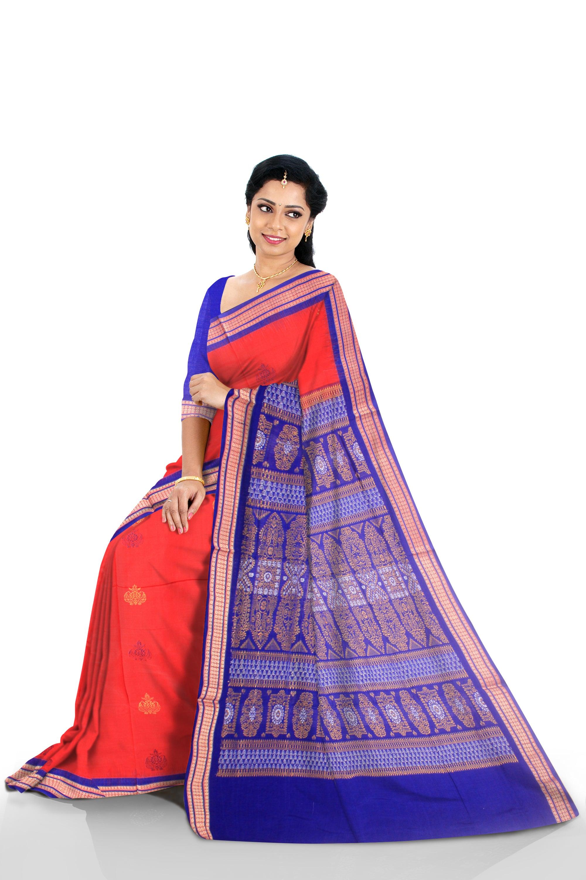 Sambalpuri cotton saree in Red and Blue base with blouse piece. - Koshali Arts & Crafts Enterprise