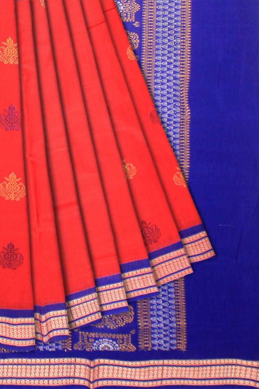 Sambalpuri cotton saree in Red and Blue base with blouse piece. - Koshali Arts & Crafts Enterprise