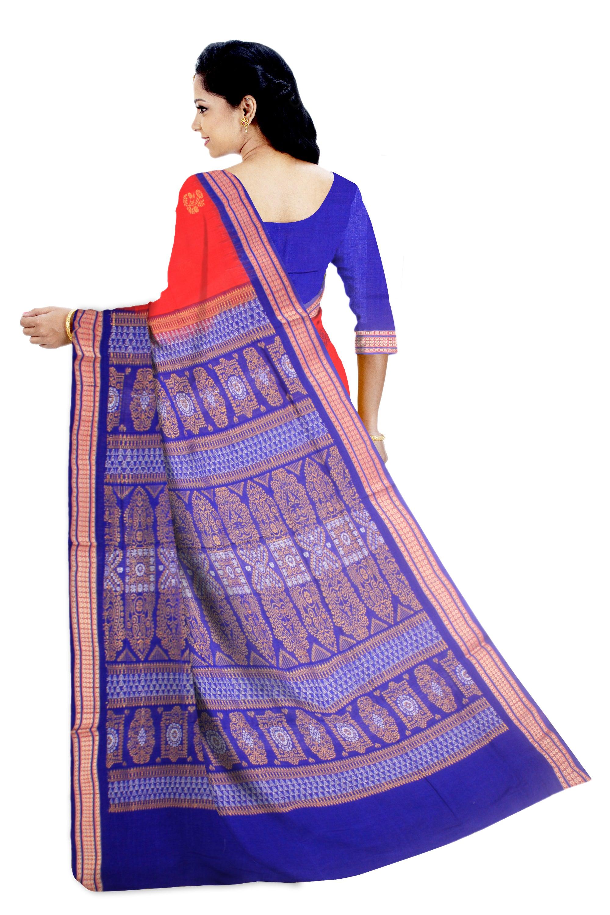 Sambalpuri cotton saree in Red and Blue base with blouse piece. - Koshali Arts & Crafts Enterprise