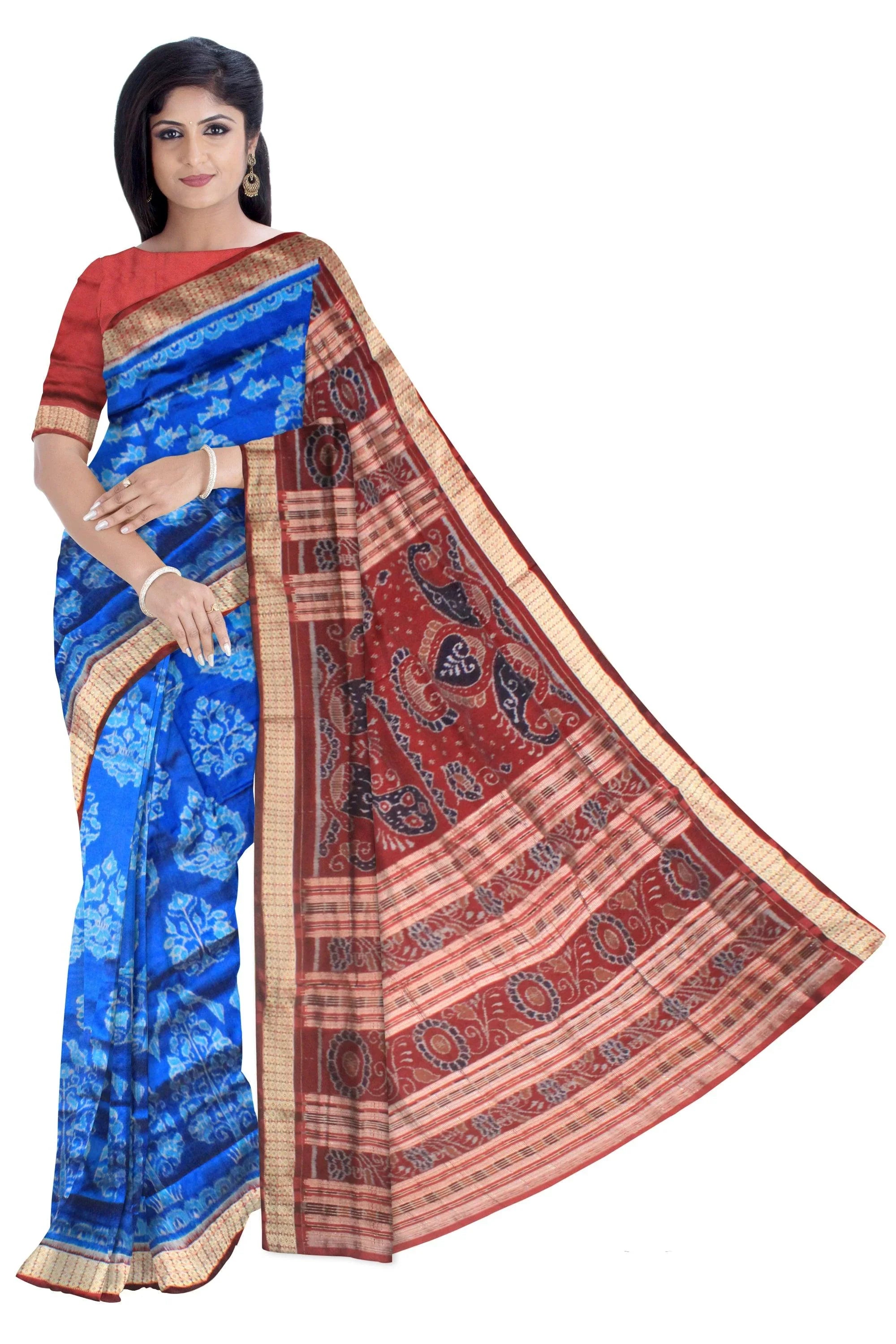 A sambalpuri nature queen pata saree in blue color base., with blouse piece. - Koshali Arts & Crafts Enterprise