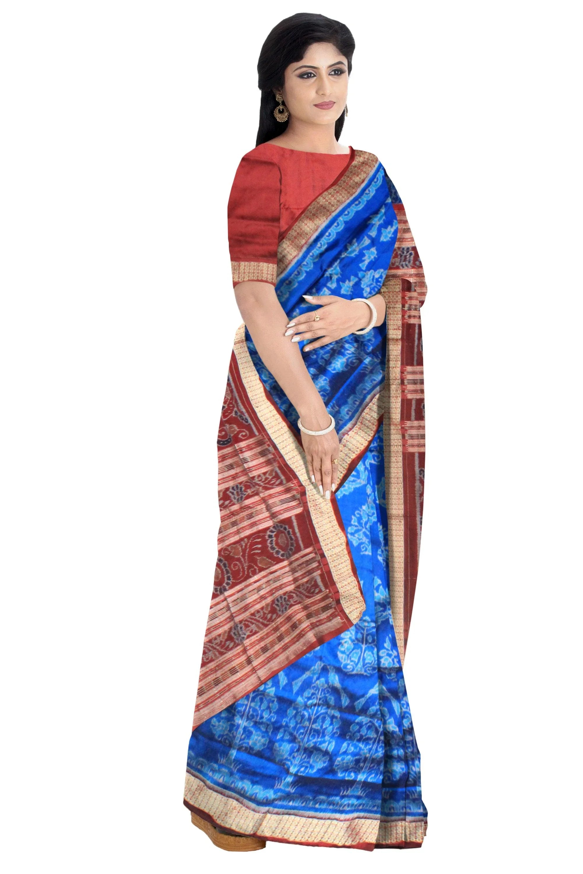 A sambalpuri nature queen pata saree in blue color base., with blouse piece. - Koshali Arts & Crafts Enterprise