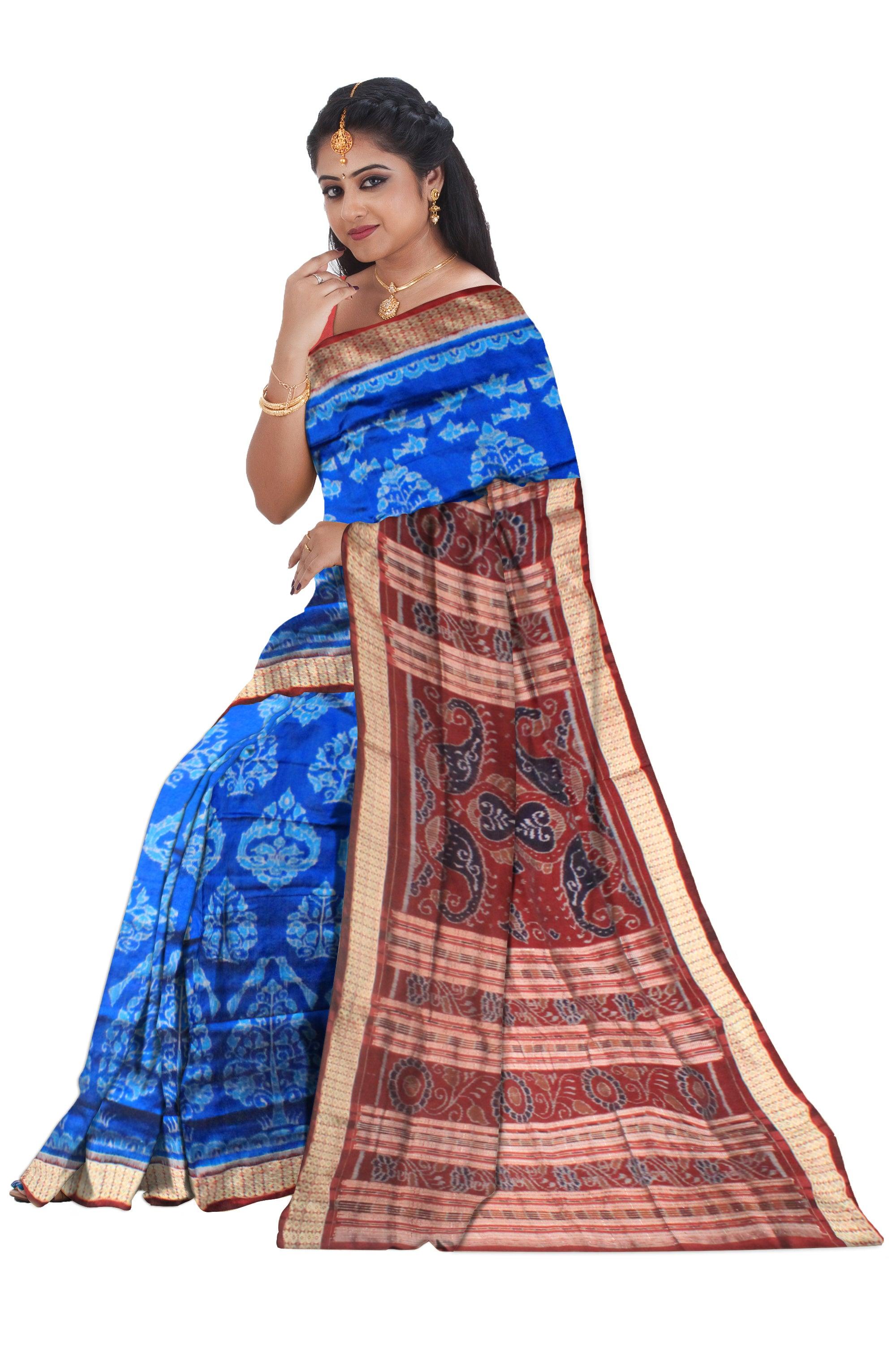A sambalpuri nature queen  pata saree in blue color base., with blouse piece. - Koshali Arts & Crafts Enterprise