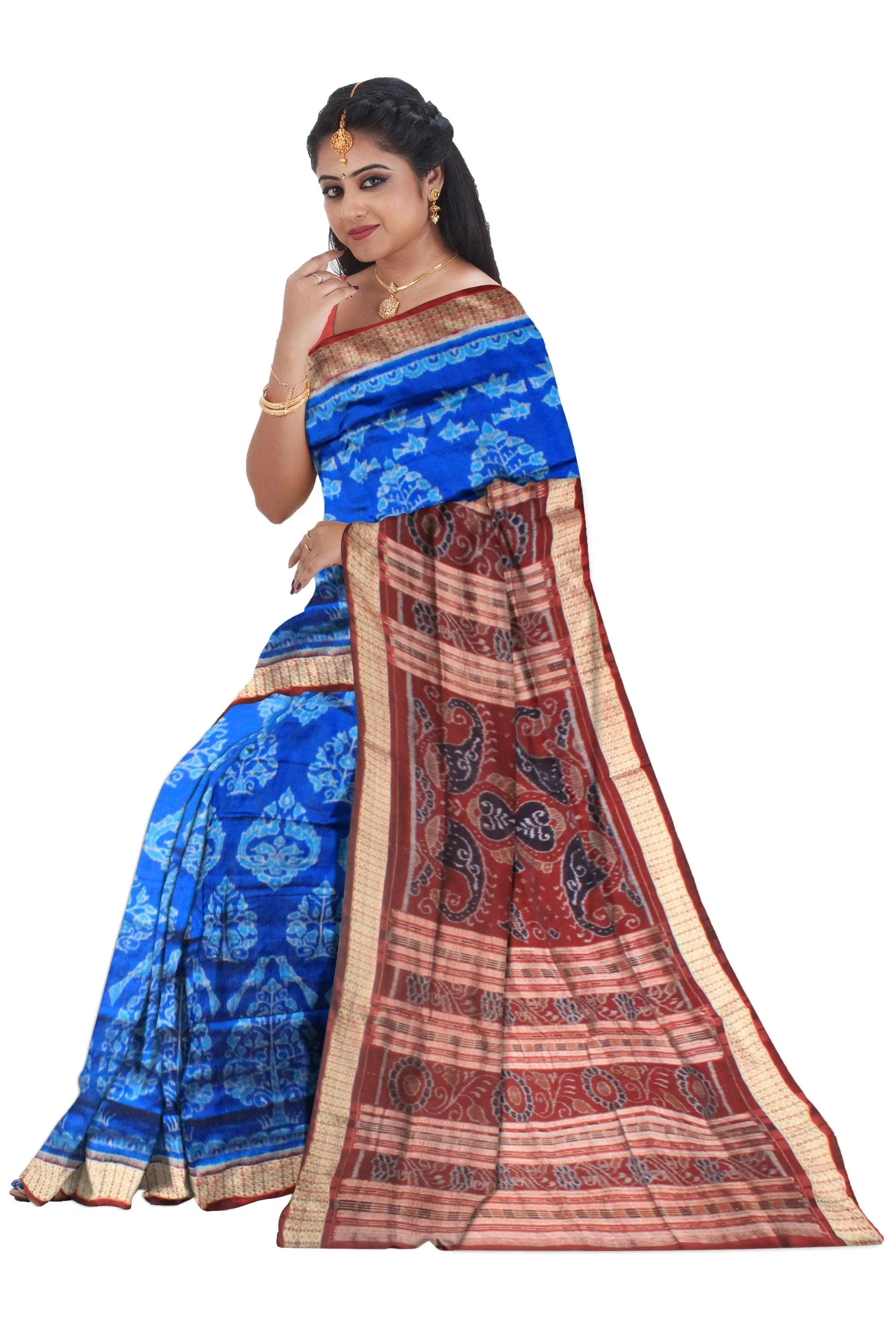 A sambalpuri nature queen pata saree in blue color base., with blouse piece. - Koshali Arts & Crafts Enterprise