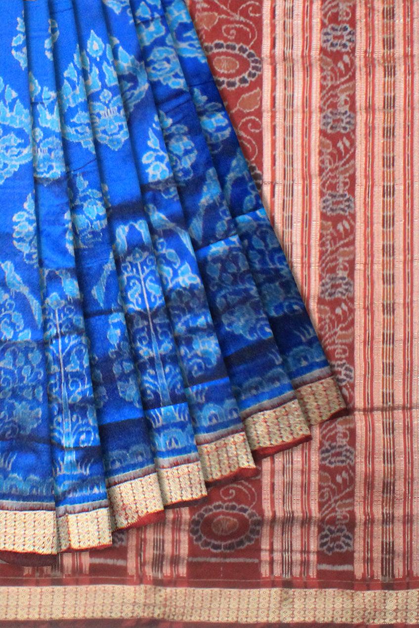 A sambalpuri nature queen  pata saree in blue color base., with blouse piece. - Koshali Arts & Crafts Enterprise