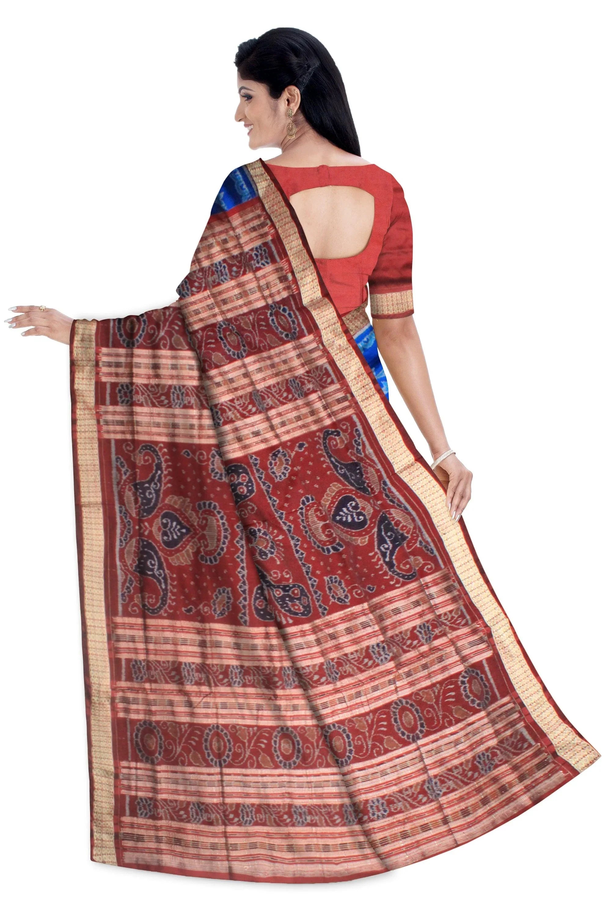 A sambalpuri nature queen pata saree in blue color base., with blouse piece. - Koshali Arts & Crafts Enterprise