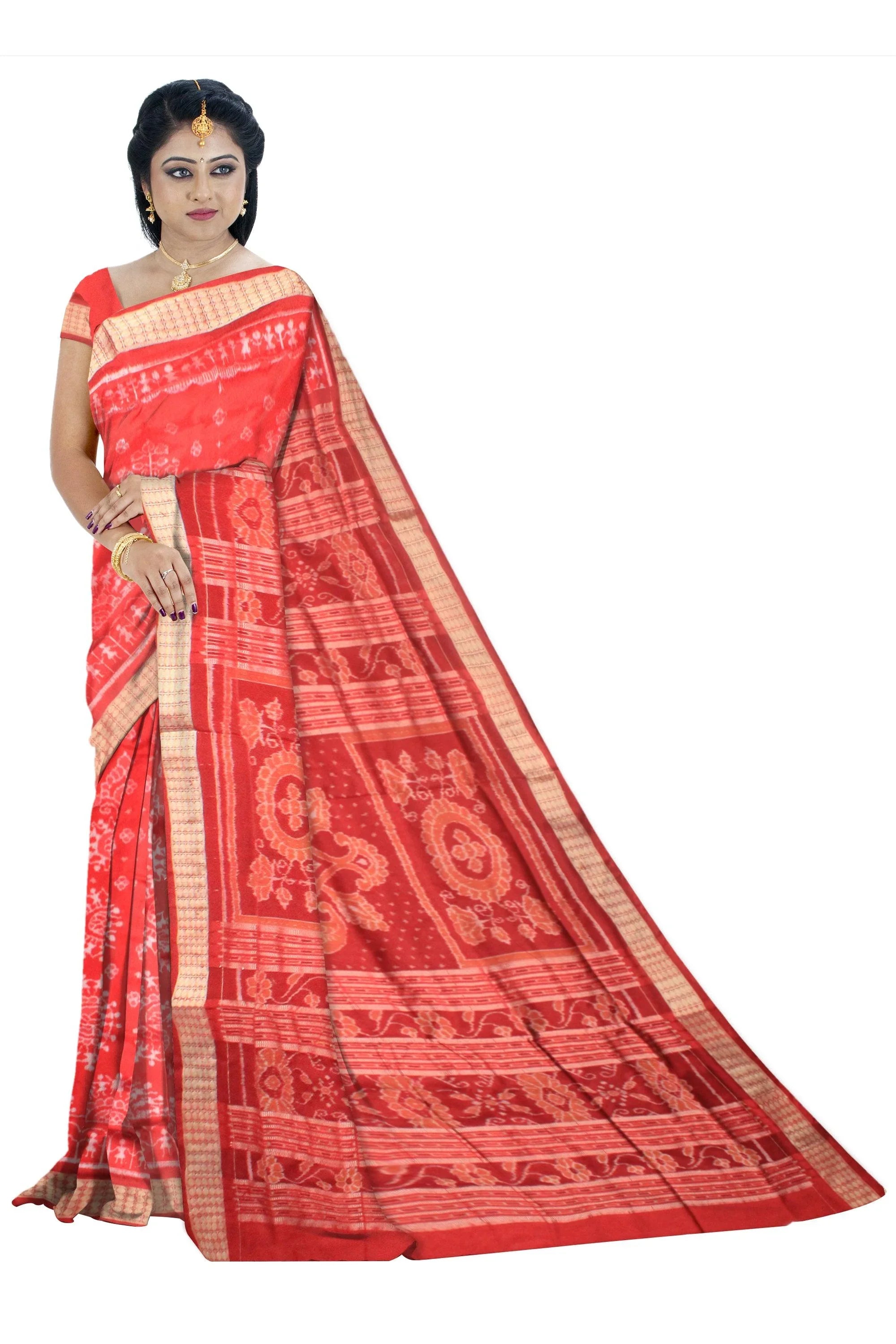 Latest terracotta traditional dance design orange and golden color pata saree with blouse piece. - Koshali Arts & Crafts Enterprise