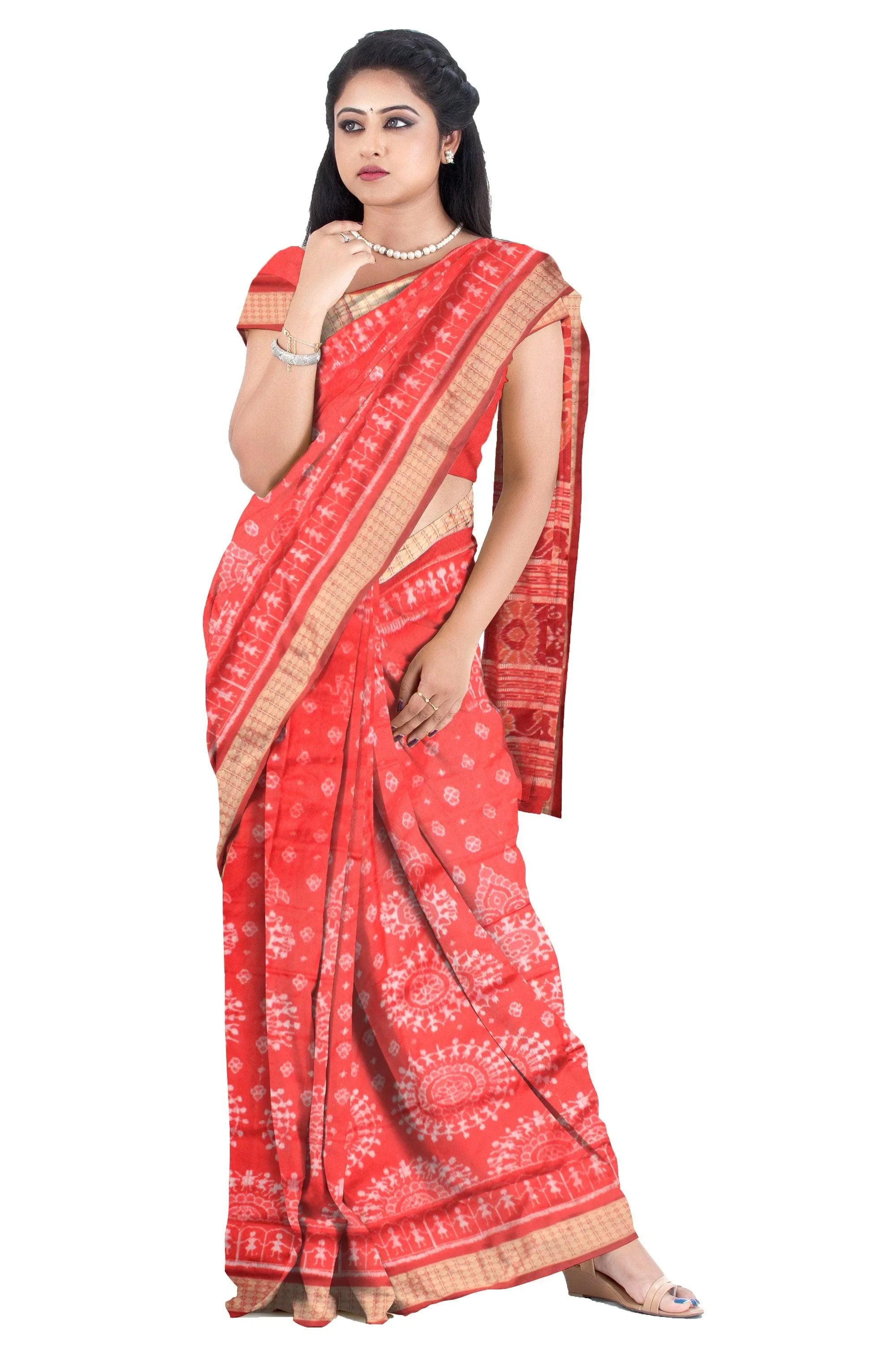 Latest terracotta traditional dance design orange and golden color pata saree with blouse piece. - Koshali Arts & Crafts Enterprise