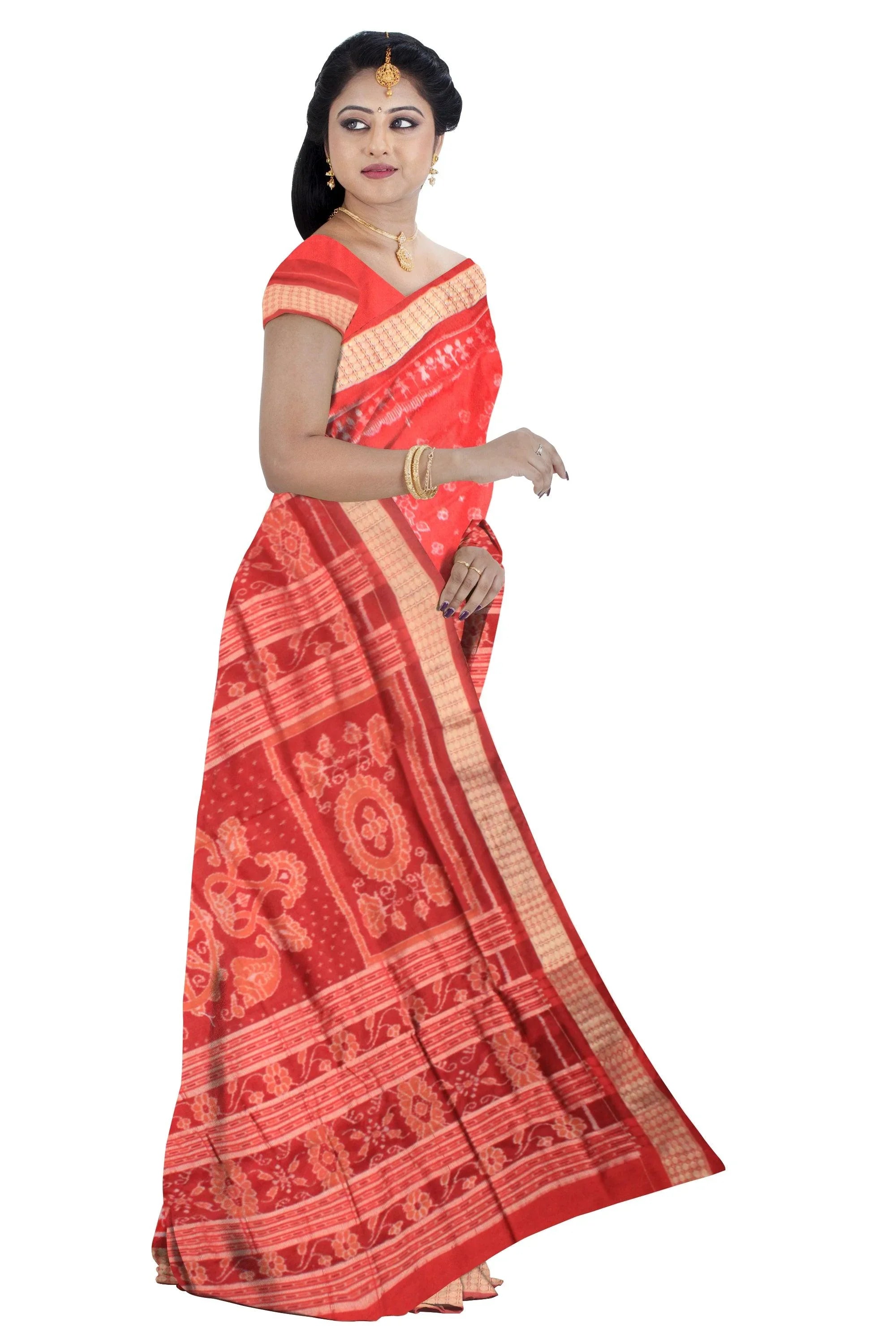 Latest terracotta traditional dance design orange and golden color pata saree with blouse piece. - Koshali Arts & Crafts Enterprise