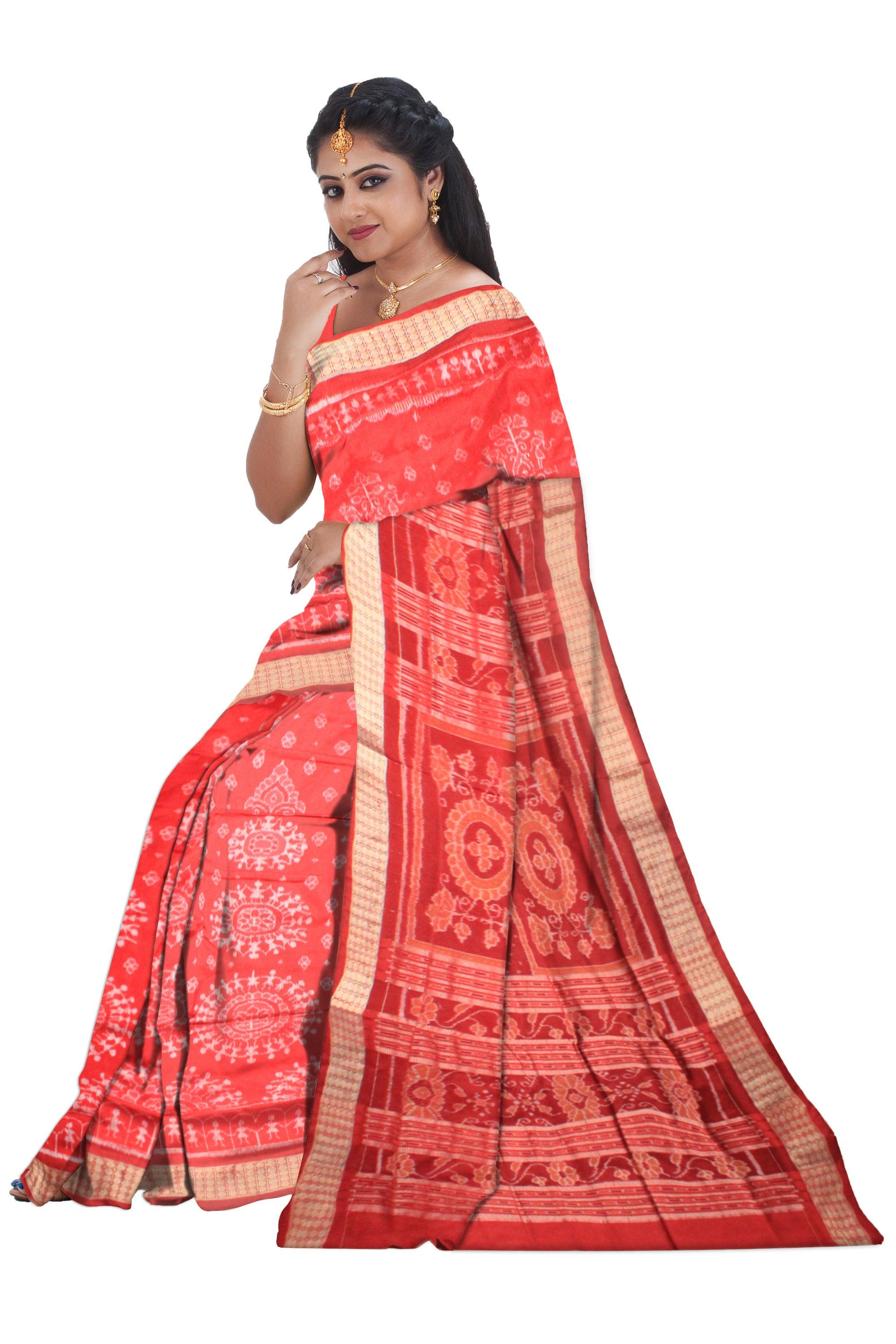 Latest  terracotta traditional dance design orange and golden color pata saree  with blouse piece. - Koshali Arts & Crafts Enterprise