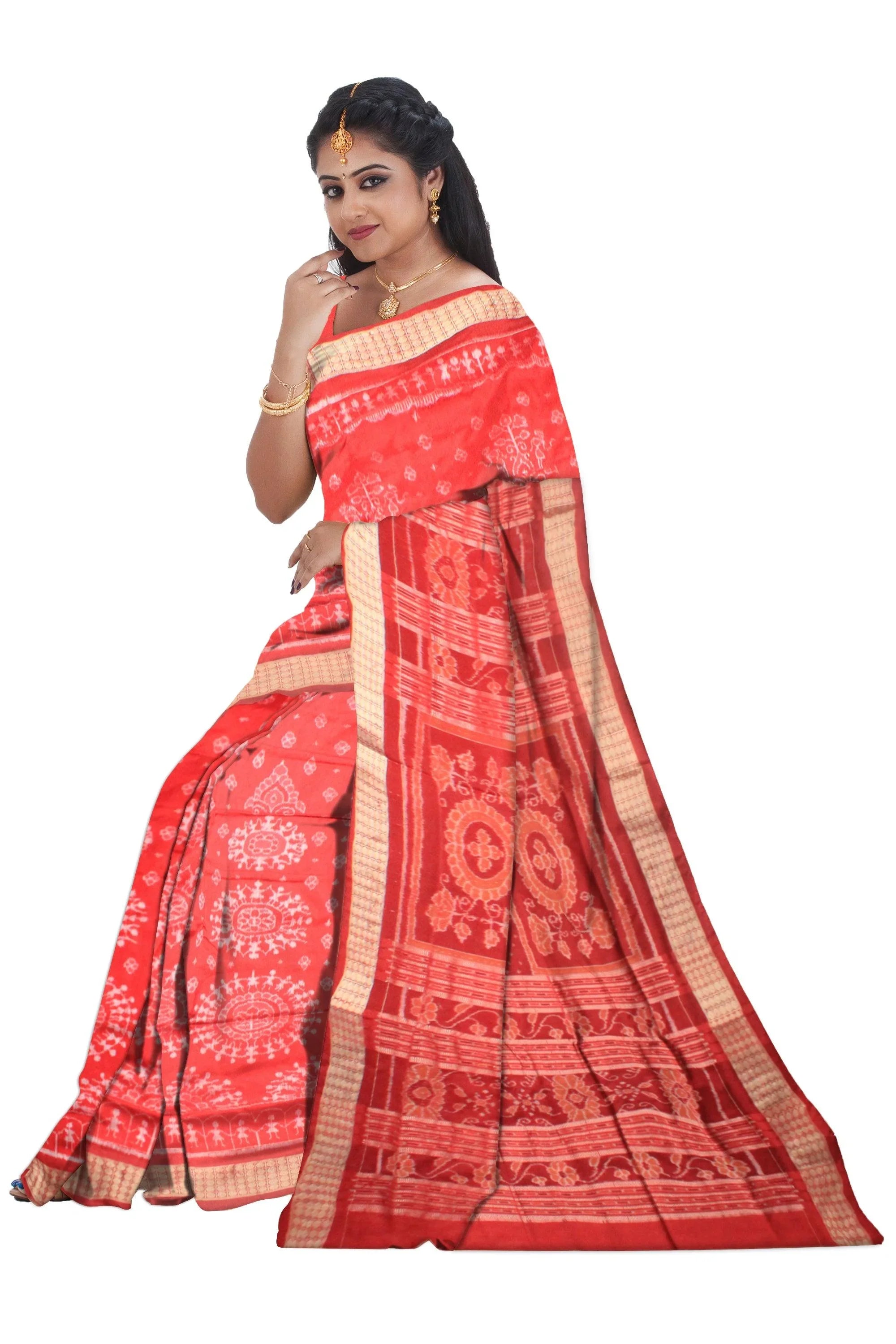Latest terracotta traditional dance design orange and golden color pata saree with blouse piece. - Koshali Arts & Crafts Enterprise
