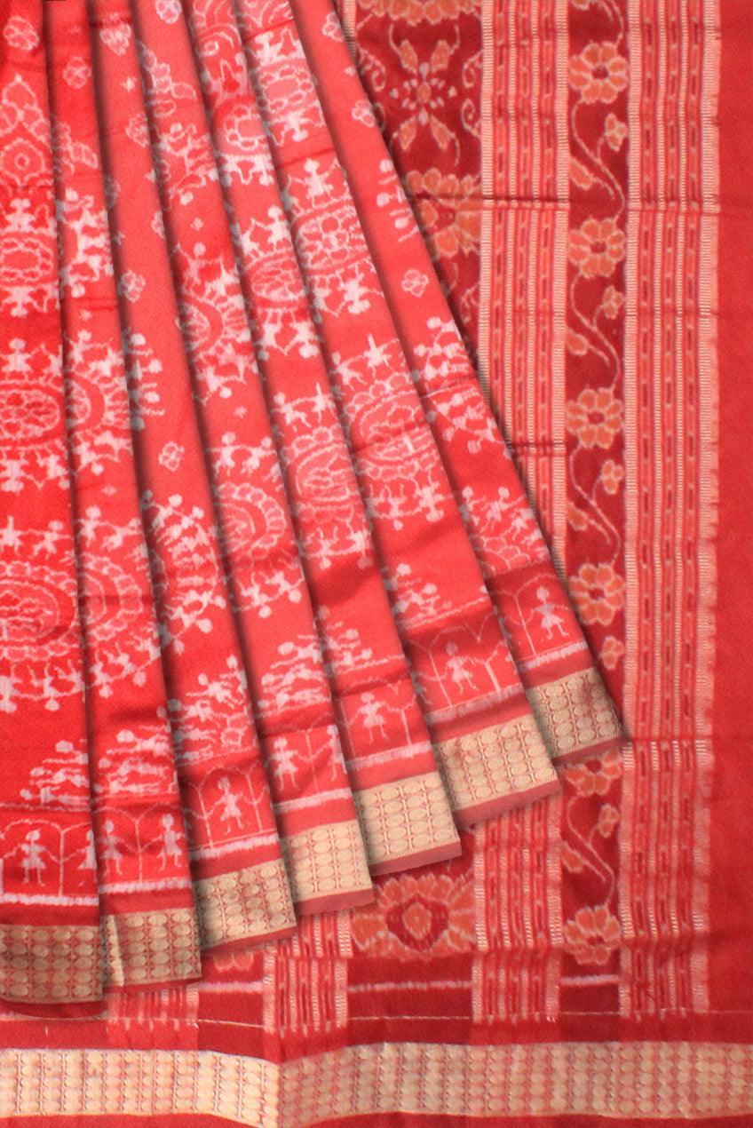 Latest terracotta traditional dance design orange and golden color pata saree with blouse piece. - Koshali Arts & Crafts Enterprise