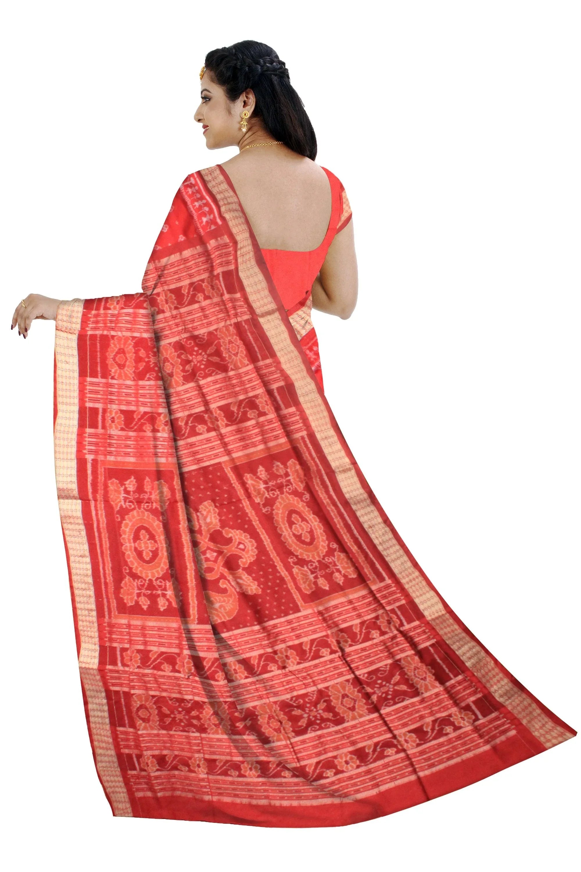 Latest terracotta traditional dance design orange and golden color pata saree with blouse piece. - Koshali Arts & Crafts Enterprise