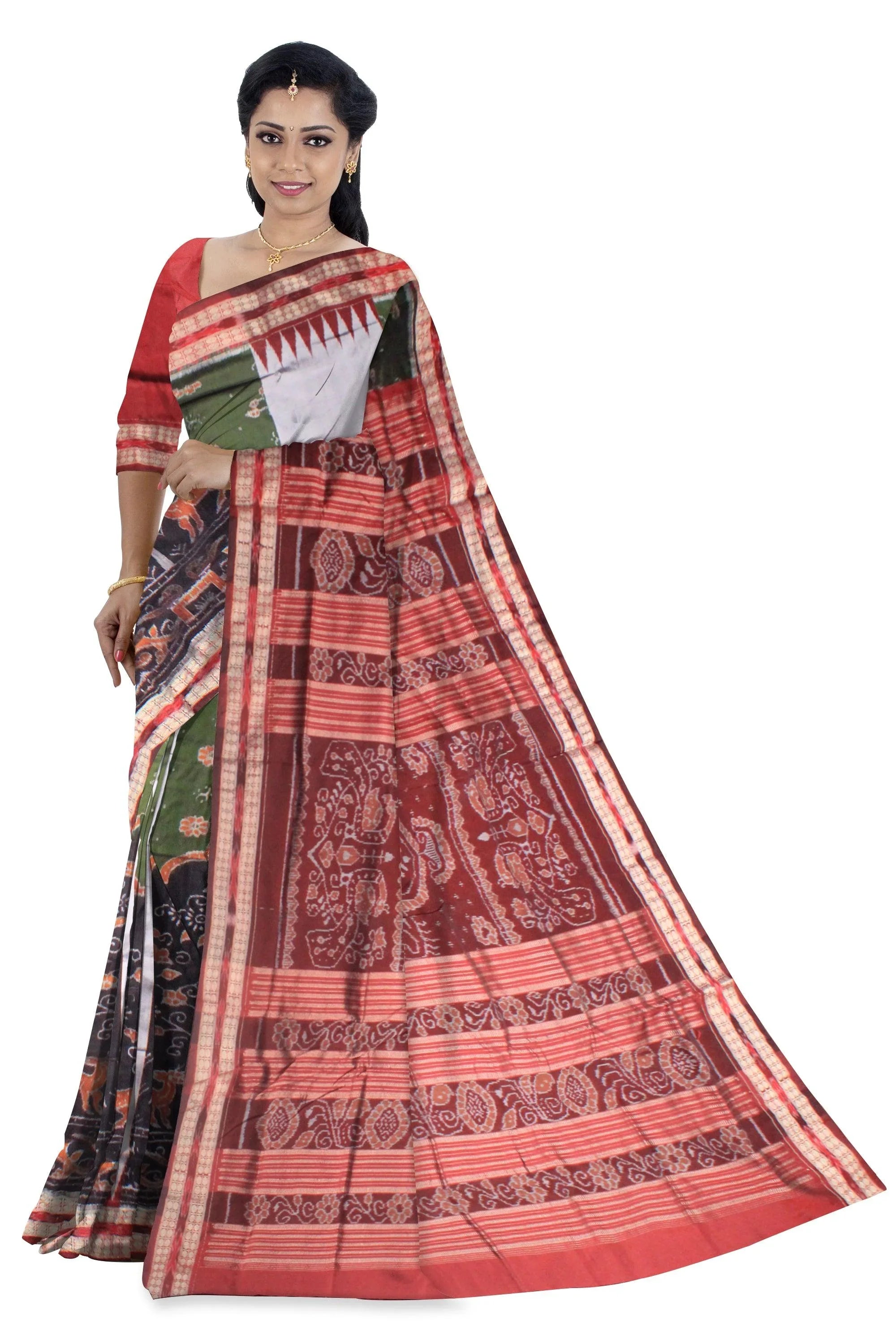 A sambalpuri saree in green (moss),black, silver and maroon color base, with blouse piece. - Koshali Arts & Crafts Enterprise