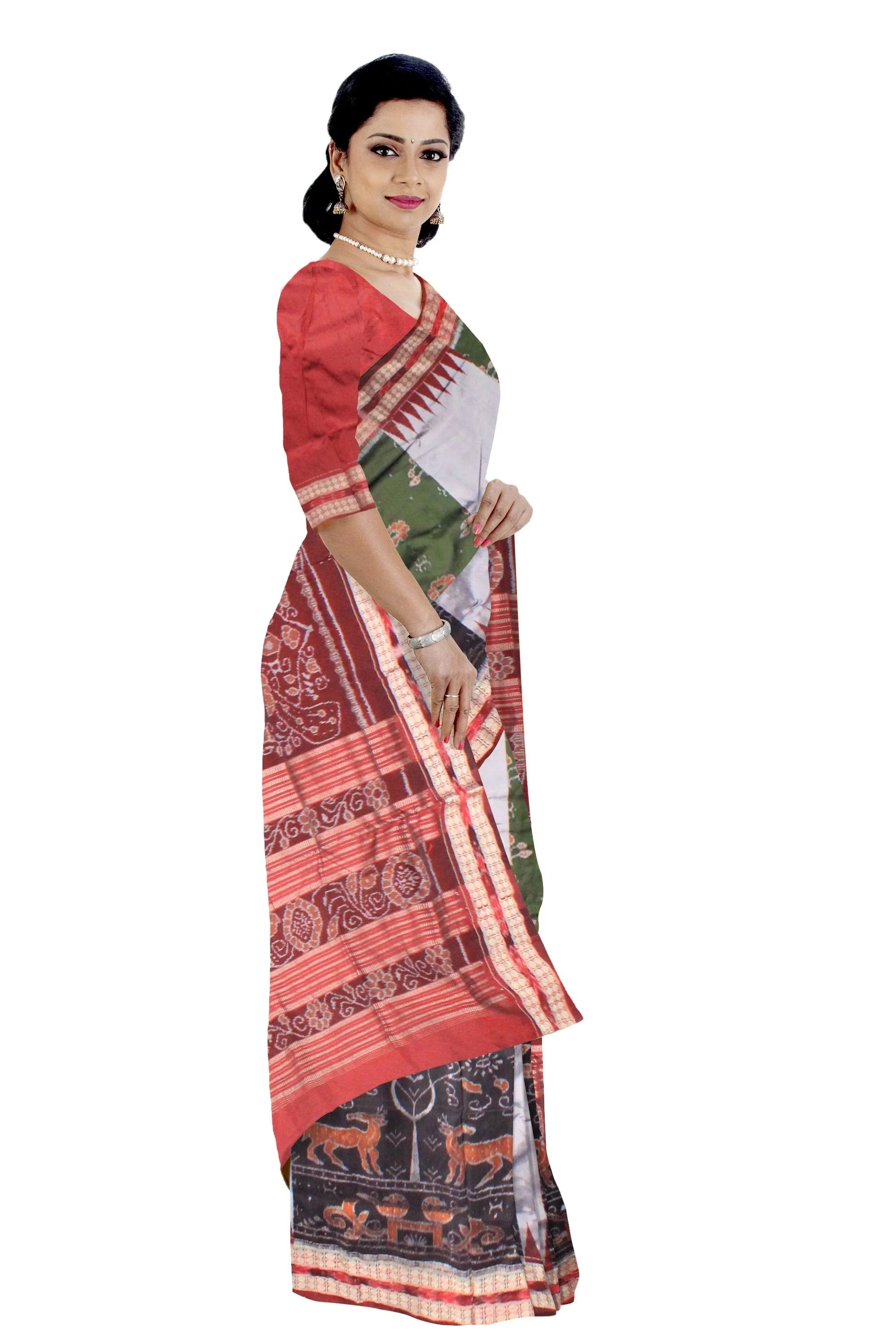 A sambalpuri saree in green (moss),black, silver and maroon color base, with blouse piece. - Koshali Arts & Crafts Enterprise
