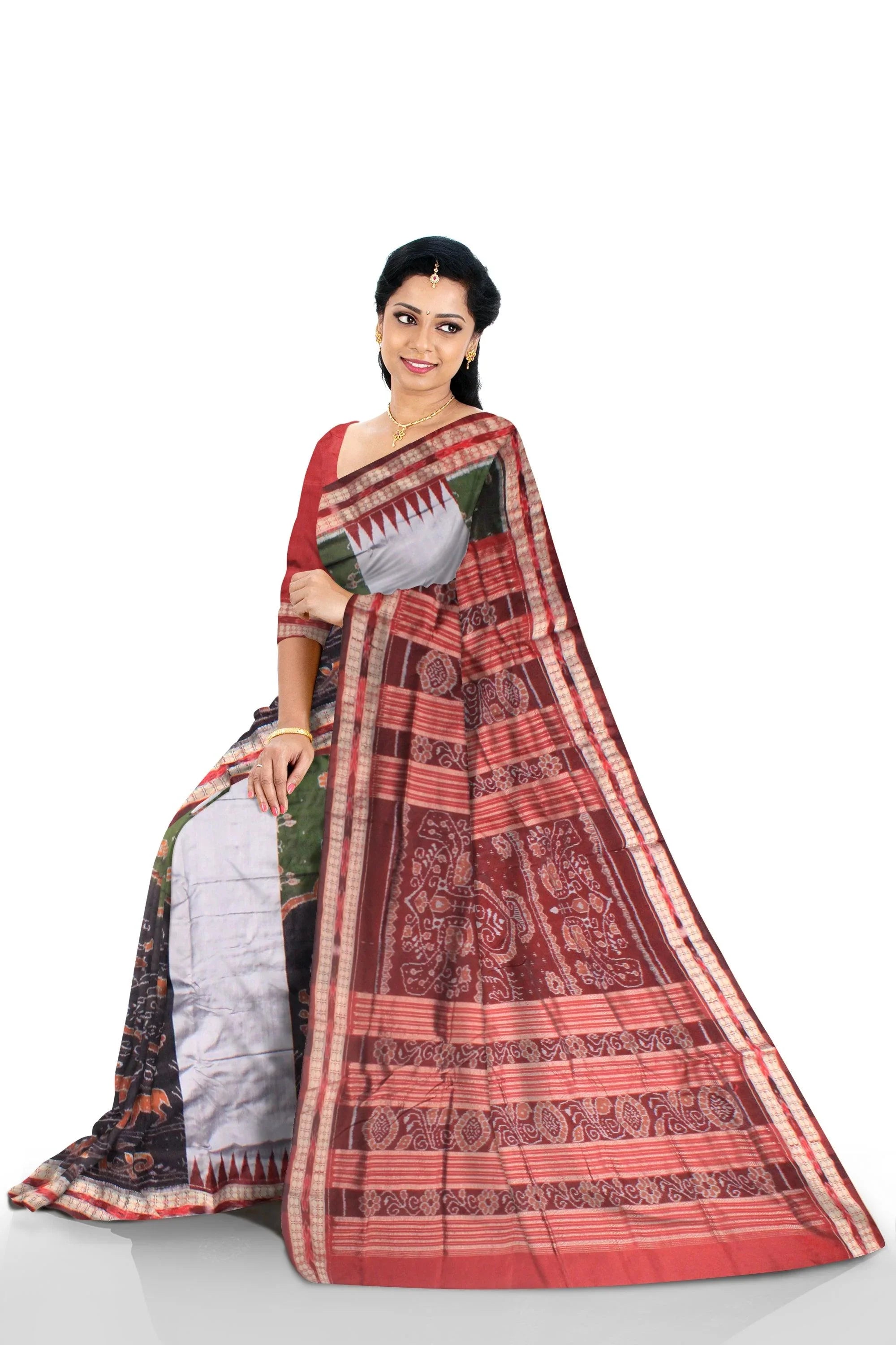 A sambalpuri saree in green (moss),black, silver and maroon color base, with blouse piece. - Koshali Arts & Crafts Enterprise