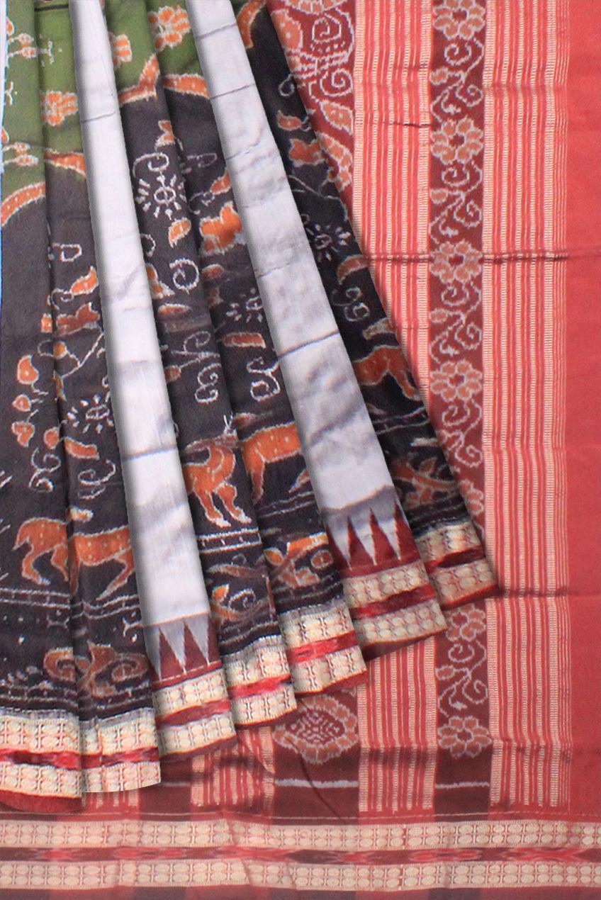 A sambalpuri saree in green (moss),black, silver and maroon color base, with blouse piece. - Koshali Arts & Crafts Enterprise