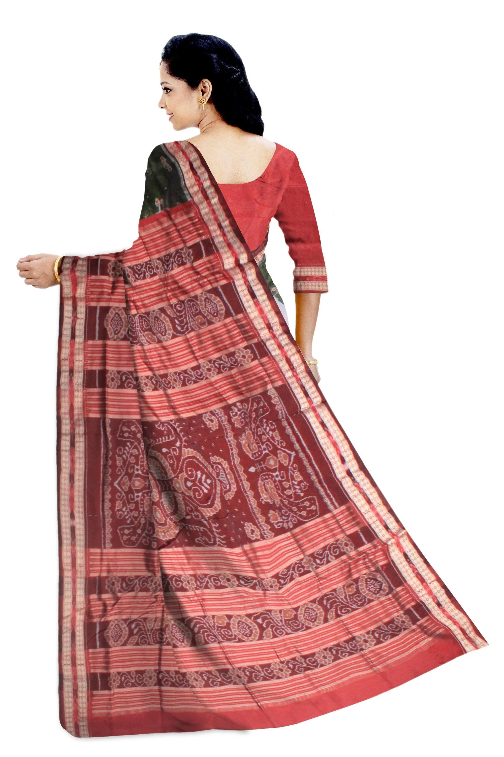 A sambalpuri saree in green (moss),black, silver and maroon color base, with blouse piece. - Koshali Arts & Crafts Enterprise