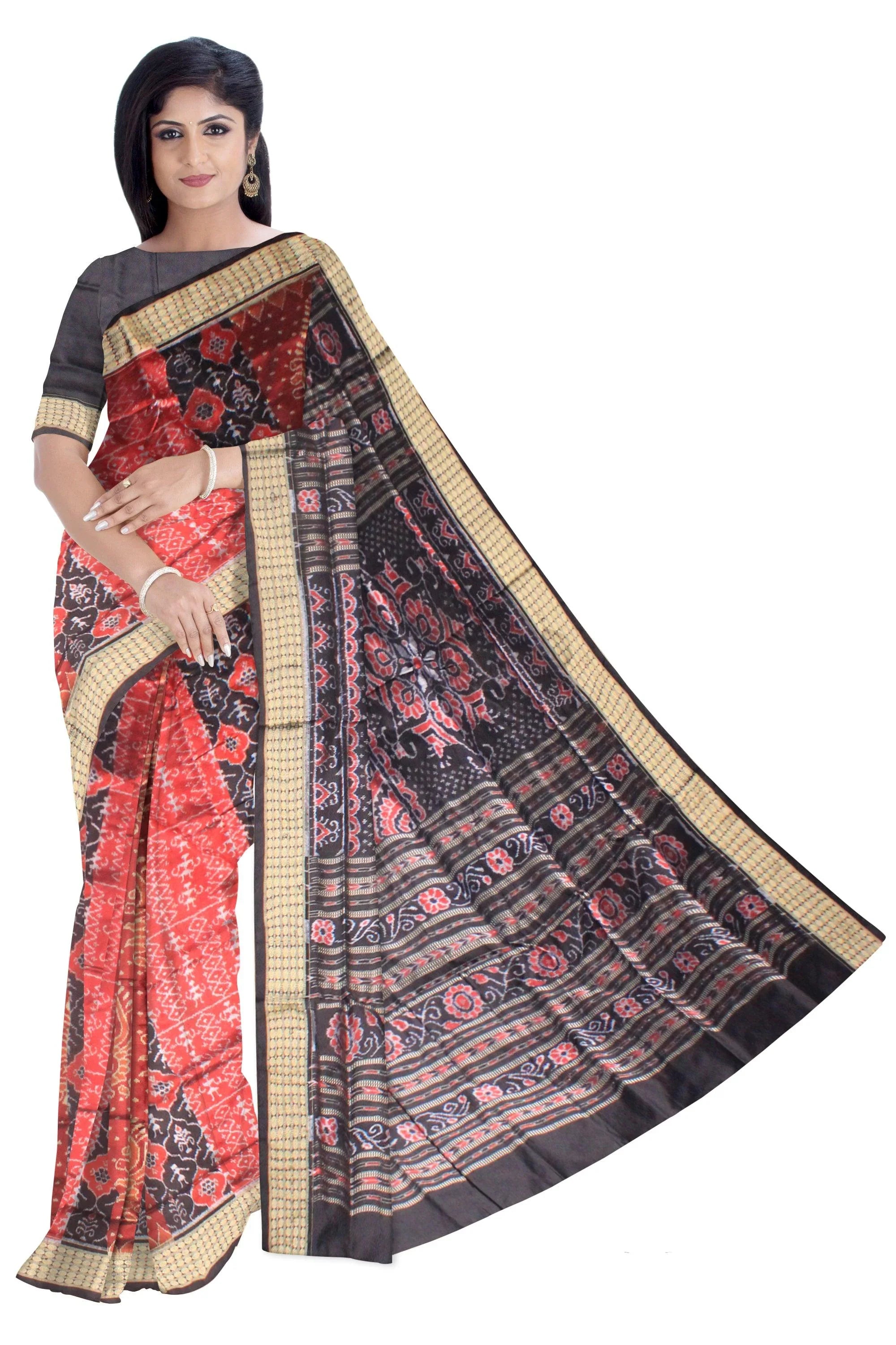 Traditional ikat pattern Sambalpuri Pata Saree in black and maroon Color base ,b with black blouse piece . - Koshali Arts & Crafts Enterprise