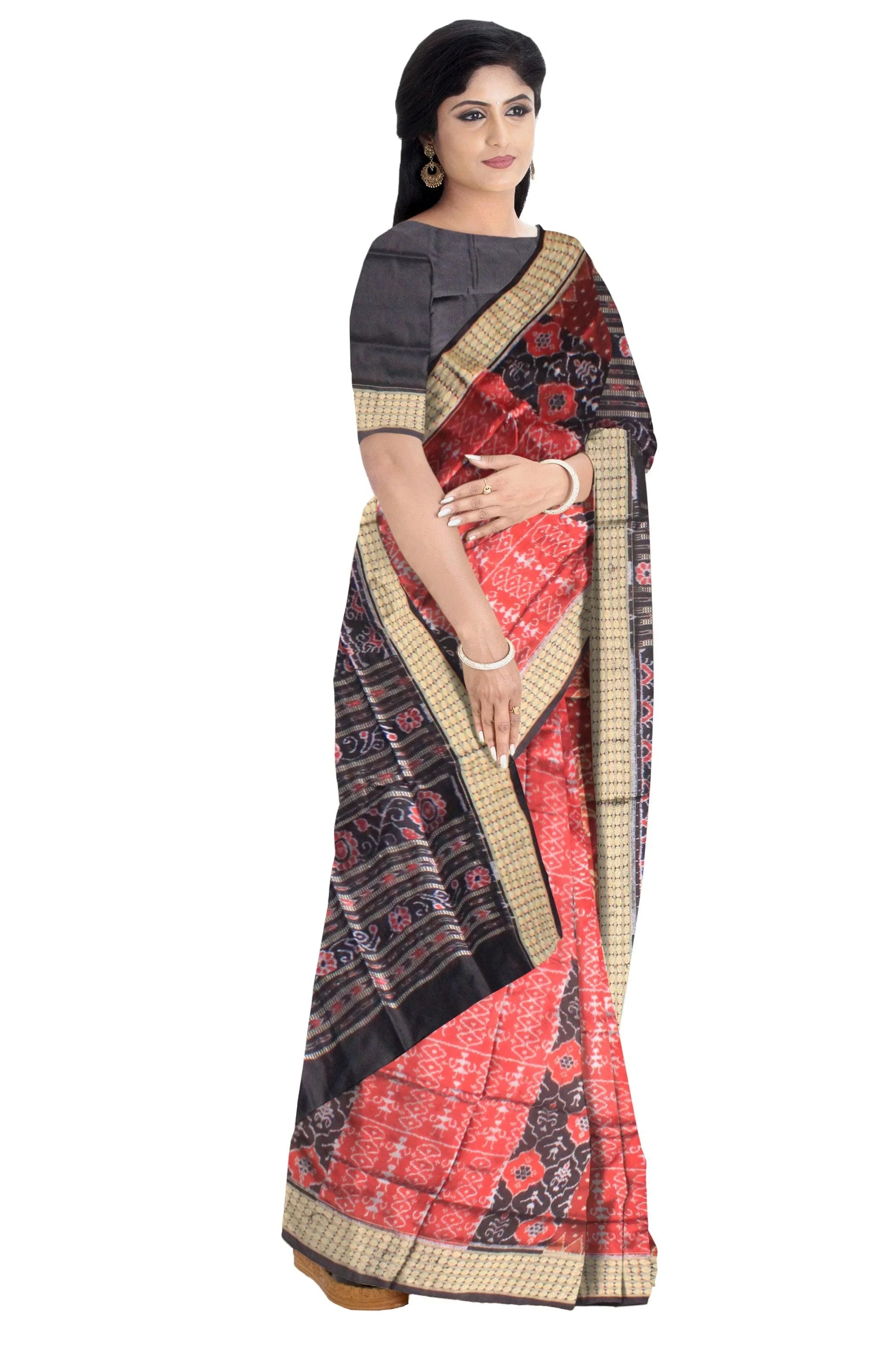 Traditional ikat pattern Sambalpuri Pata Saree in black and maroon Color base ,b with black blouse piece . - Koshali Arts & Crafts Enterprise